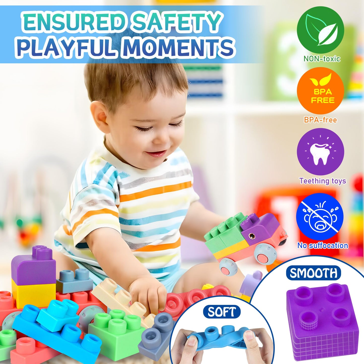 100PCS Baby Blocks Set with Storage Bucket, Building Block Toys STEM Educational Toddler Gifts and Montessori Busy Board Sensory Toys for Toddlers 1-3, 13 Activity Music & Led Light Up Montessori Toys