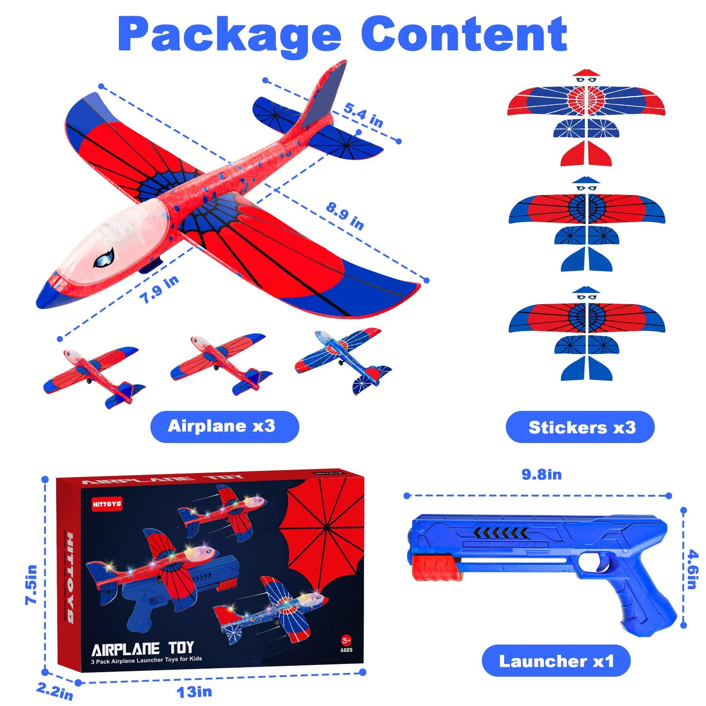 HitToys Airplane Launcher Toy for Kids, 3 Pack Spider Foam Gliders Air Planes with Led, 2 Flight Modes 3 4 5 6 7 Year Old Boys Girls Outdoor Flying Toys Outside Sport Games Birthday