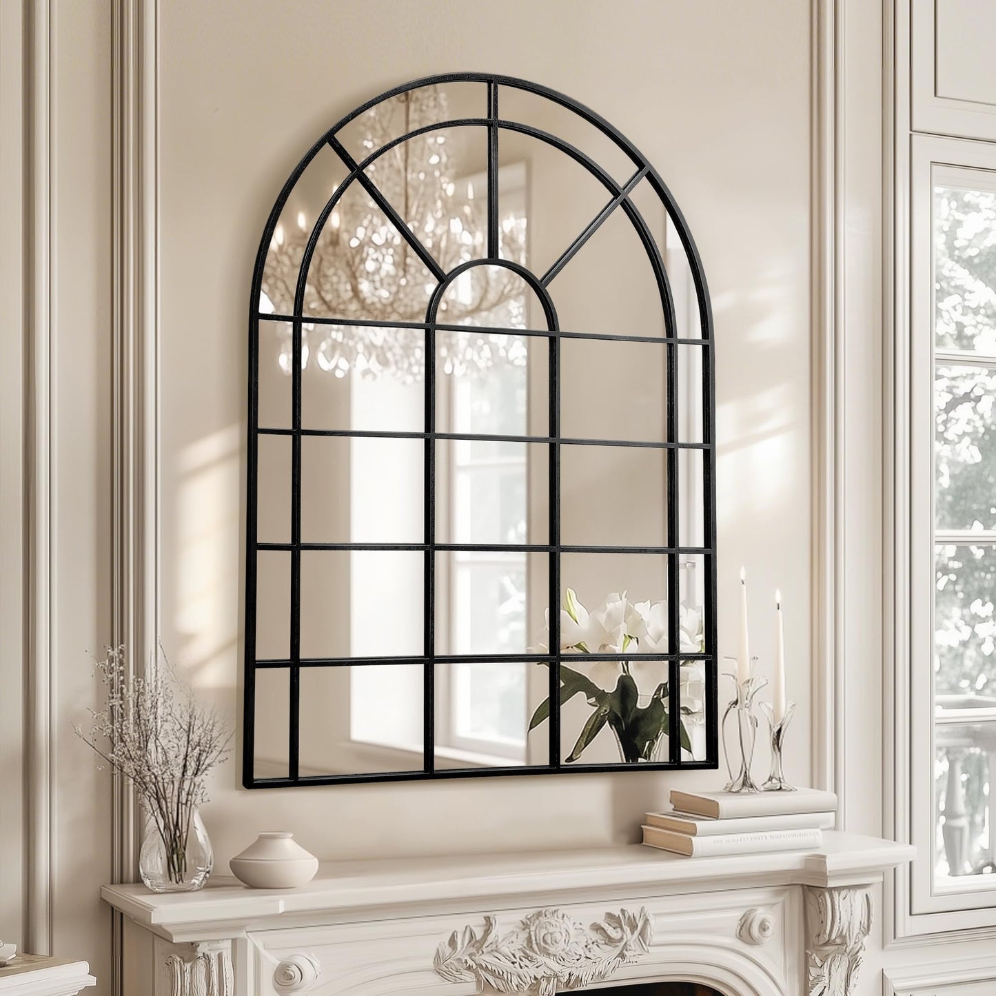 Besdomus Large Arched Window Mirror: 29"x42" Black Classic Farmhouse Wall Mirror - Wall Decor for Fireplace/Entryway/Hallway/Living Room - Ideal for Home Decor Enthusiast