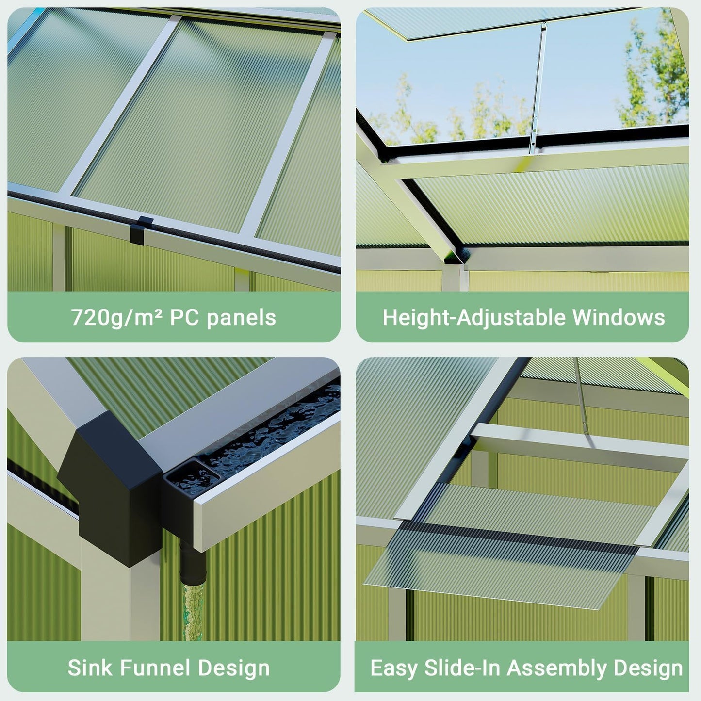 6x10 FT Greenhouse, Outdoor Sliding Door, Polycarbonate Greenhouse with Aluminum Frame, Lockable Door and Ajustable Roof Vent for Backyard, Outside Garden Backyard, Patio, Silver