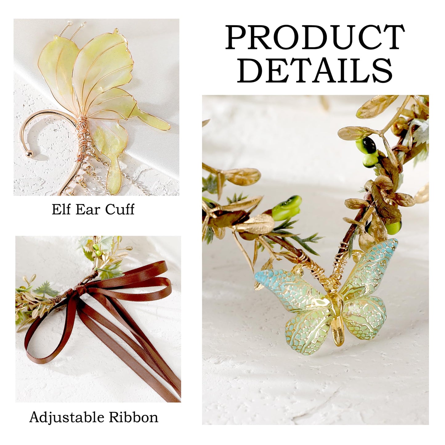 MOSTORY Butterfly Fairy Accessories Set - Green Flower Elf Crown Elf Ear Cuffs Kit for Woodland Renaissance Costume Women Forest Fantasy Fairycore Cosplay
