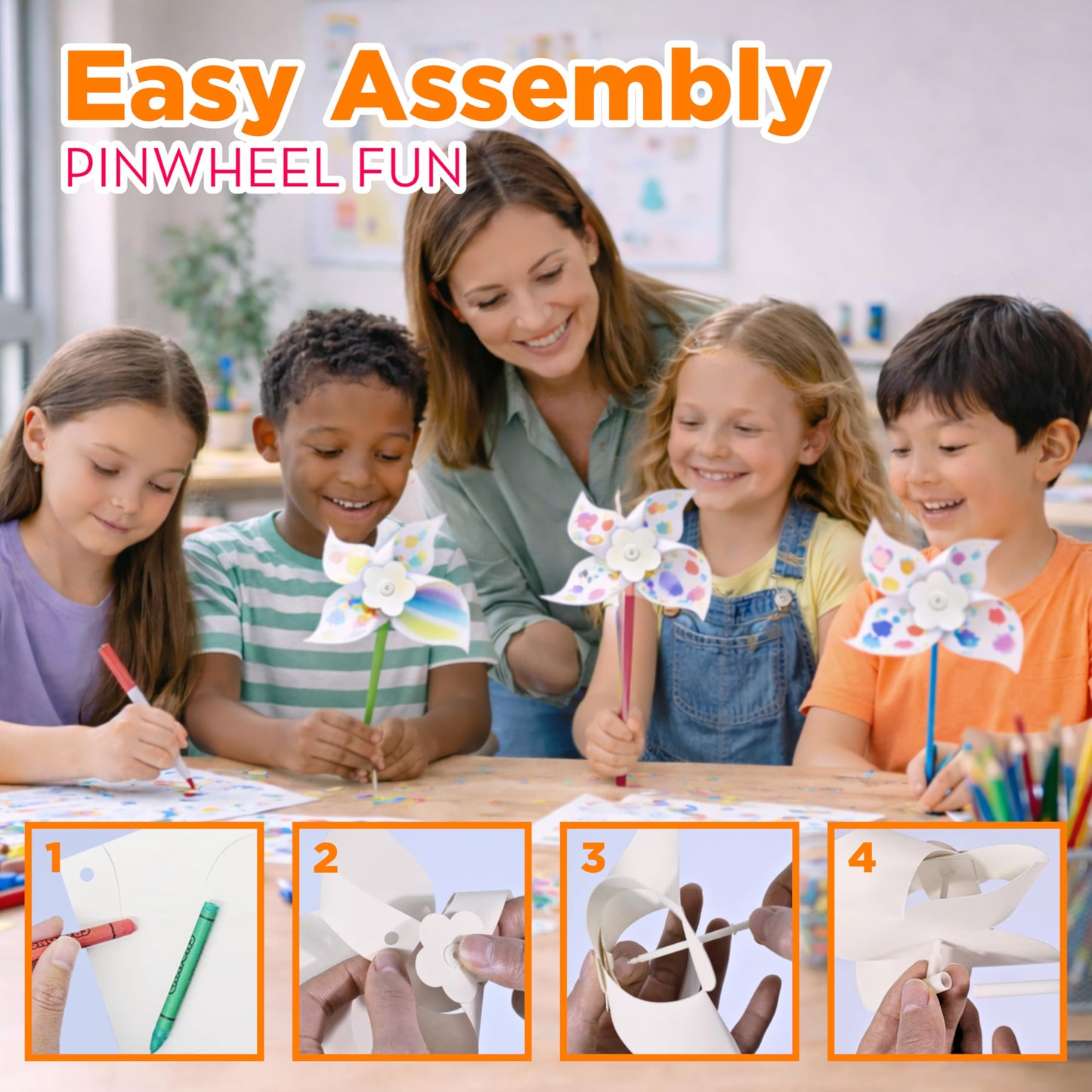 4E's Novelty DIY Pinwheels Craft for Kids (48 Pack) Color Your Own White Pinwheels, Bulk Summer Spring Craft Kit for Boys & Girls, Arts and Craft Party Activity, Church Easter Crafts