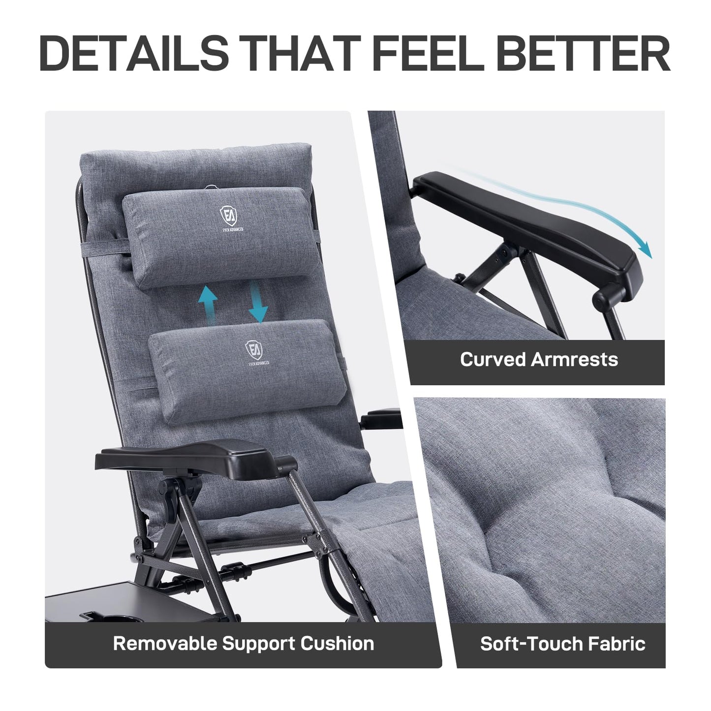 EVER ADVANCED Thick Padded Zero Gravity Chair, Oversized Reclining Lounge Chair with Adjustable Headrest & Cup Holder, Heavy Duty Support 350 lbs, Foldable for Camping, Lawn, Outdoor & Indoor, Gray