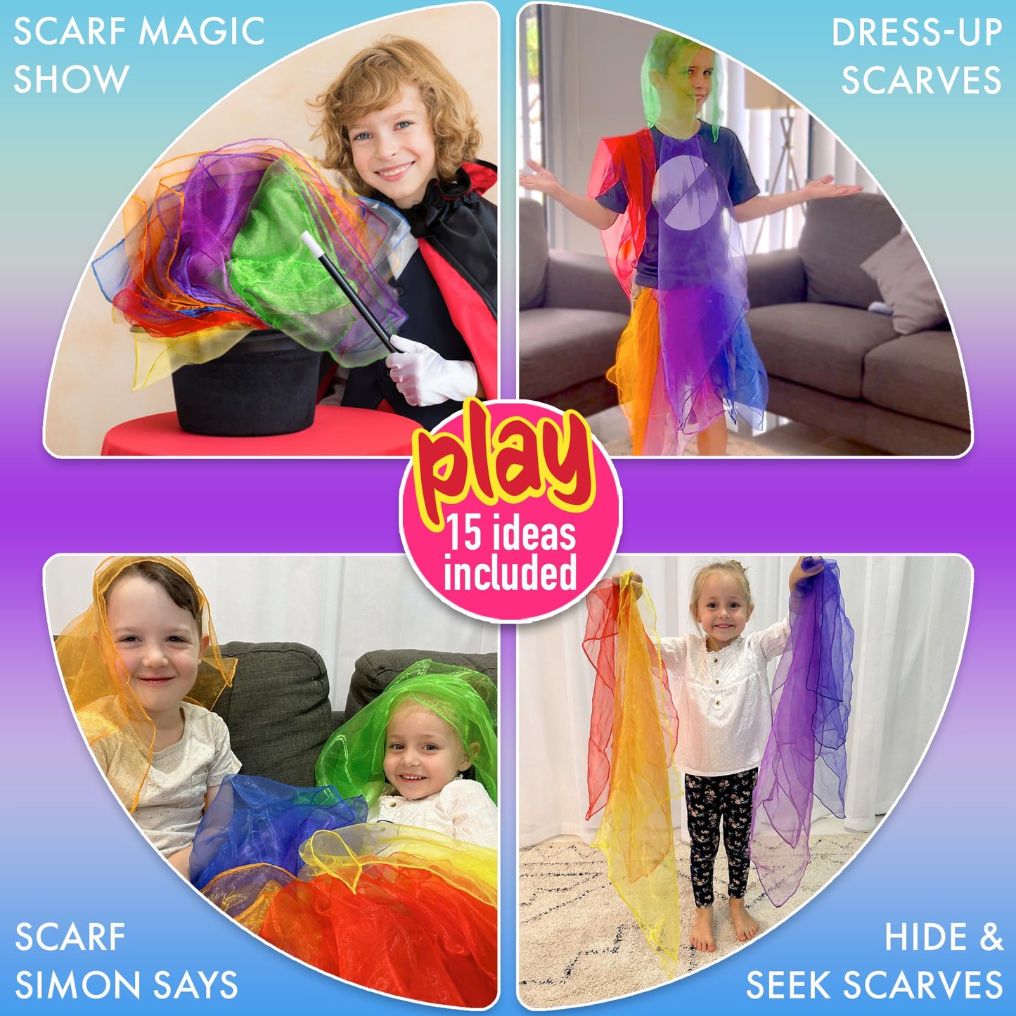 Covelico Play Scarves for Kids (14 Pack) – Montessori-Inspired Sensory Dance Scarves for Toddlers & Preschool, 7 Pairs of Music & Movement Props for Classroom, Daycare & PE, Waldorf Gross Motor Toys