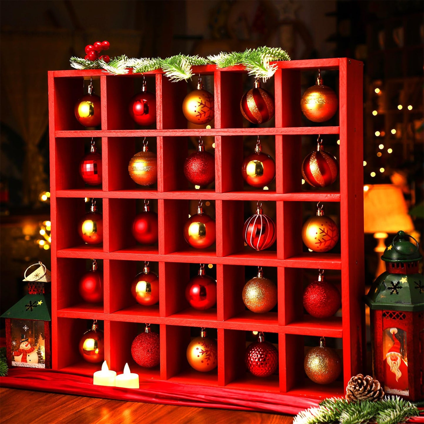 Cinnvoice Christmas Holiday Ornament Displays Rack Wooden Hanging Stand Holder Hanger for Christmas Ball Display Shelf Cabinet for Craft DIY Wall Decorations Gift (Red,25 Compartment)