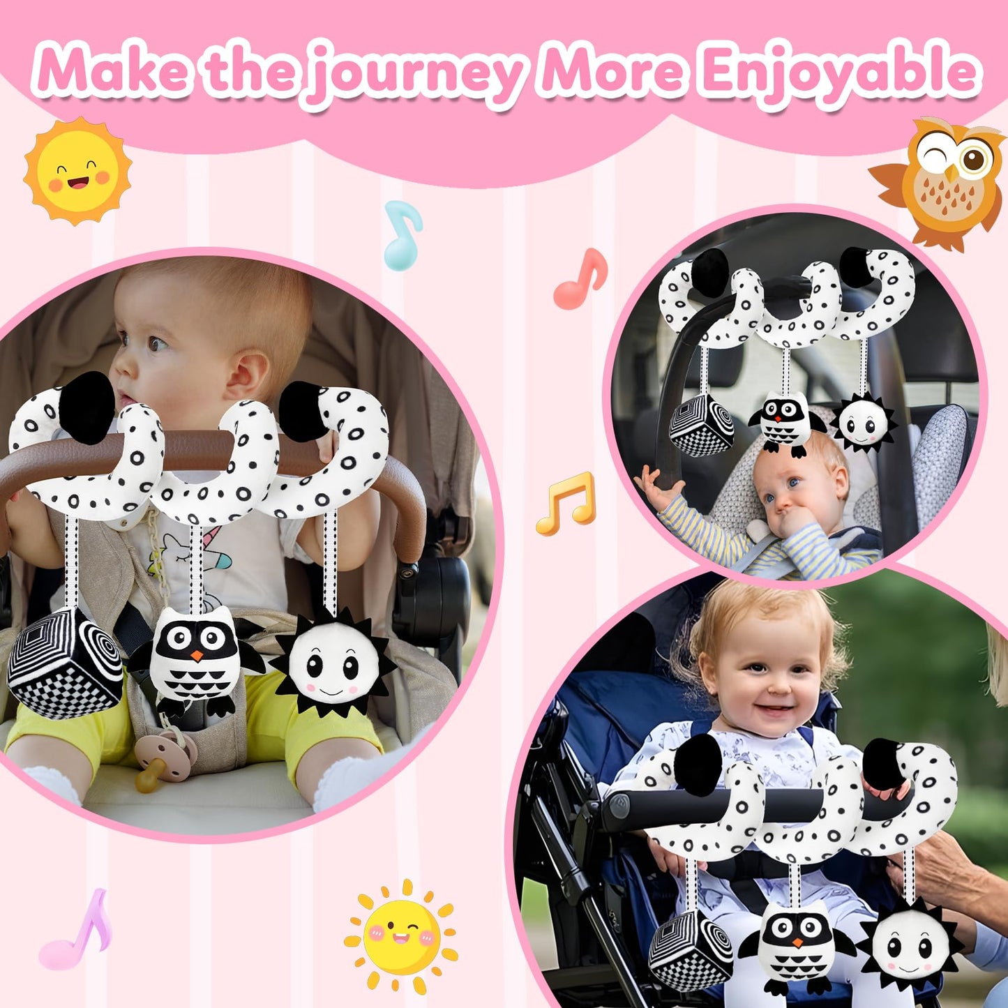 Baby Hanging Stroller and Car Seat Toys High Contrast Baby Toys for Newborn Black and White Sensory Plush Activity Toy for Babies 0-6 Months-OWL