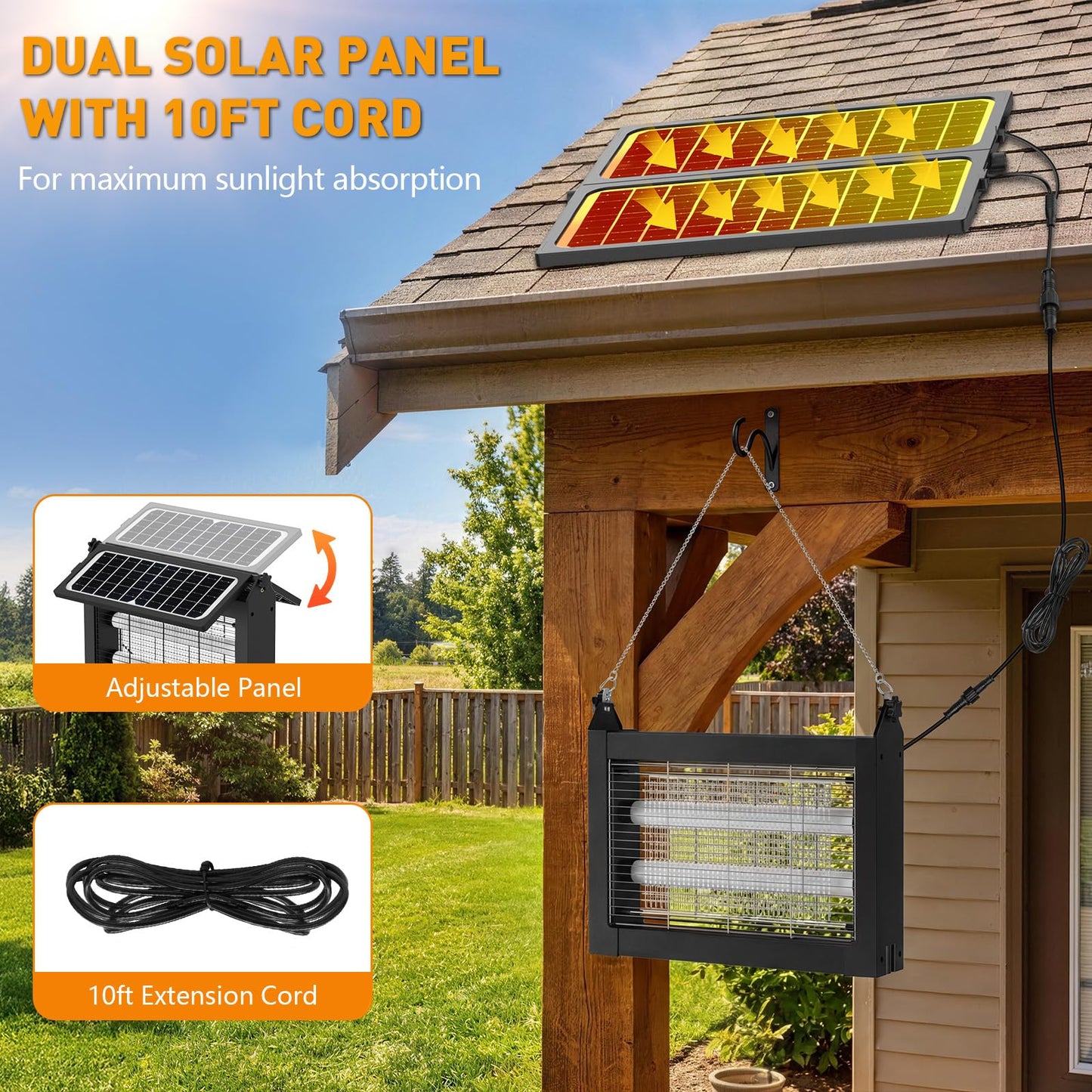 Solar Bug Zapper Outdoor, 4500V Solar Mosquito Zapper with Dual Solar Panels, 1/2 Acre Coverage Cordless Rechargeable Electric Fly Zapper, IPX5 Waterproof Mosquito Traps for Backyard, Patio, Camping