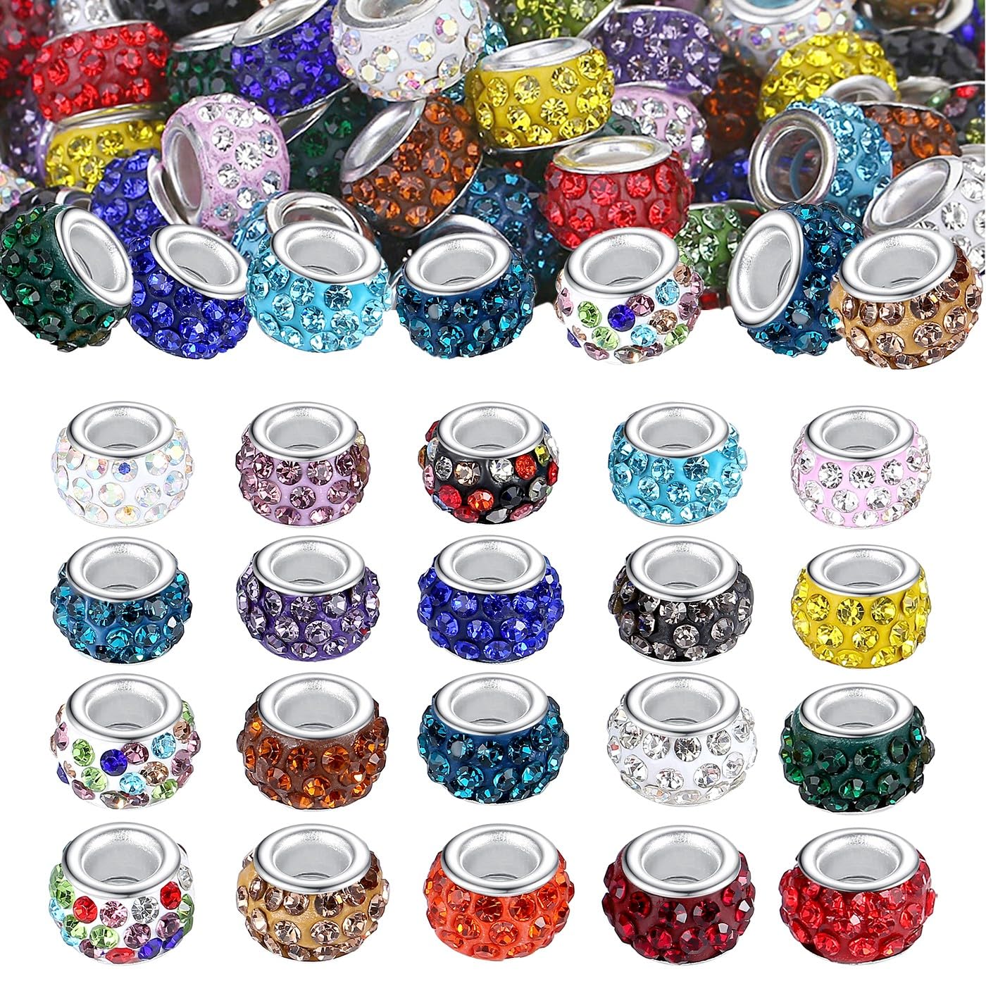 NUKAYAI 120Pcs Large Hole Beads Rhinestone European Beads for Bracelet Jewelry Making 12mm Diamond Snake Chain Supplies DIY Crafts Charm Crystal Rondelle Spacer Bead for Pens(Mixcolors)