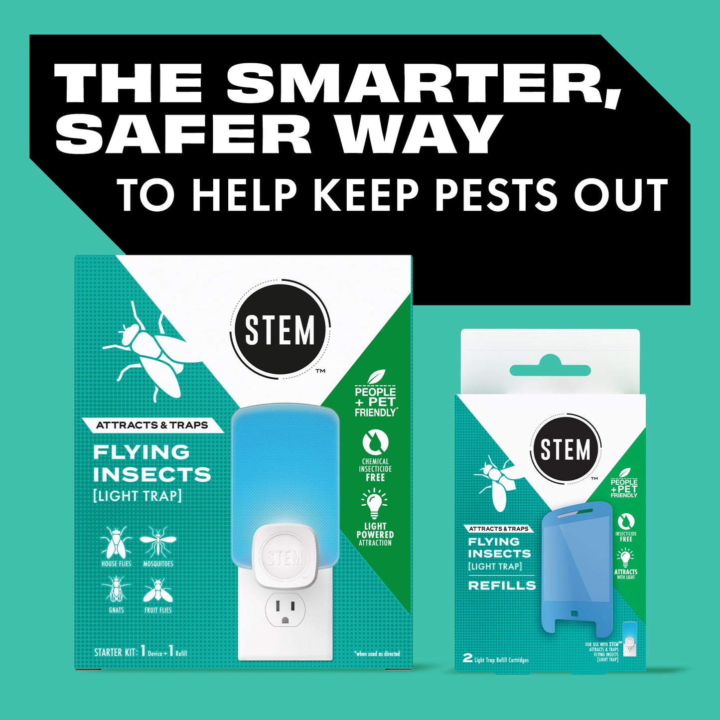 STEM Flying Insect Trap - Indoor Fruit Fly & Gnat Catcher for Home, Kitchen & Any Room, Attracts & Traps Bugs, Soft Blue UV Light - Includes 2 Plug-In Devices & 2 Cartridges