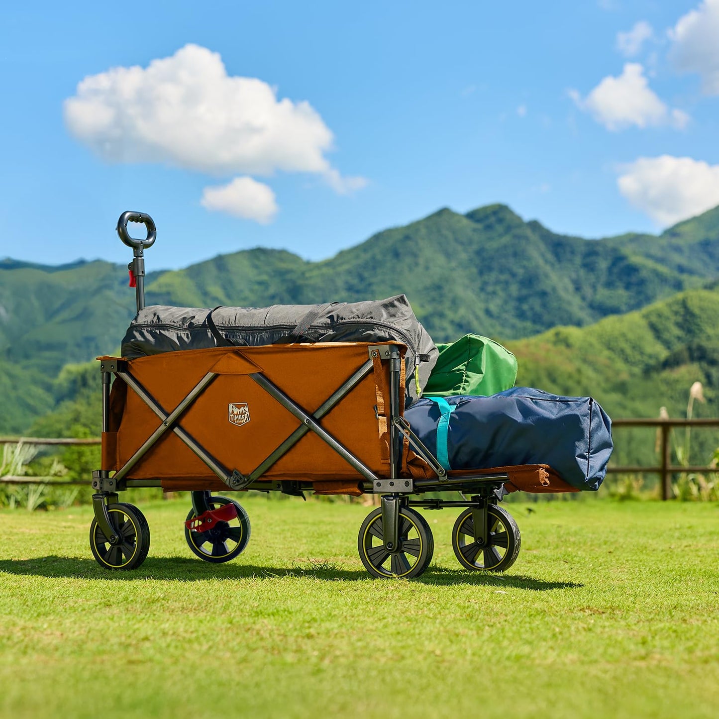 Timber Ridge 49" Extra Long Collapsible Folding Wagon with Tailgate and Brakes, 250L Capacity All-Terrain Wagon Carts Foldable, 300lbs Portable Cart for Dog, Garden, Outdoor Camping Sports, Orange