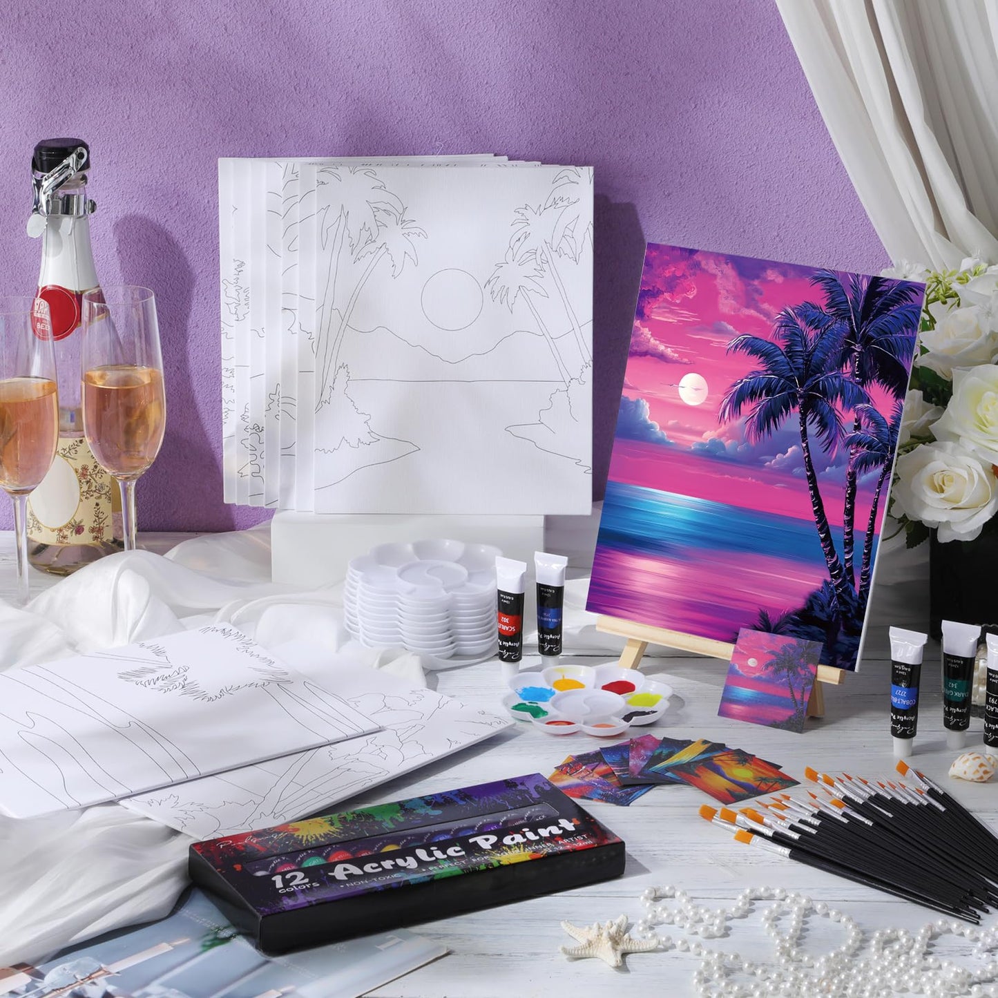 Ctosree 72 Pcs Vivid Sunset Paint and Sip Kit for Adults 8'' x 10'' Pre Drawn Canvas for Painting DIY Pre Printed Canvas for Party Favor Acrylic Painting Kit Wood Easel Brushes Date Night Bulk