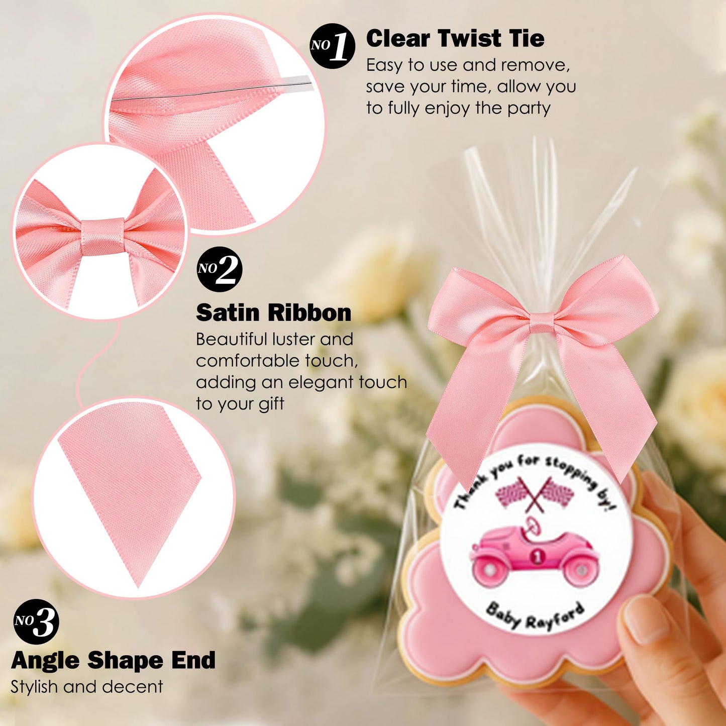 LiBongTa 36 PCS Pink Bows 3.5" Pre-Tied Small Baby Pink Satin Ribbon Twist Tie Bows for Gift Wrapping Candy Treat Bags Crafts Baby Shower Birthday Party Favors Wedding Decor
