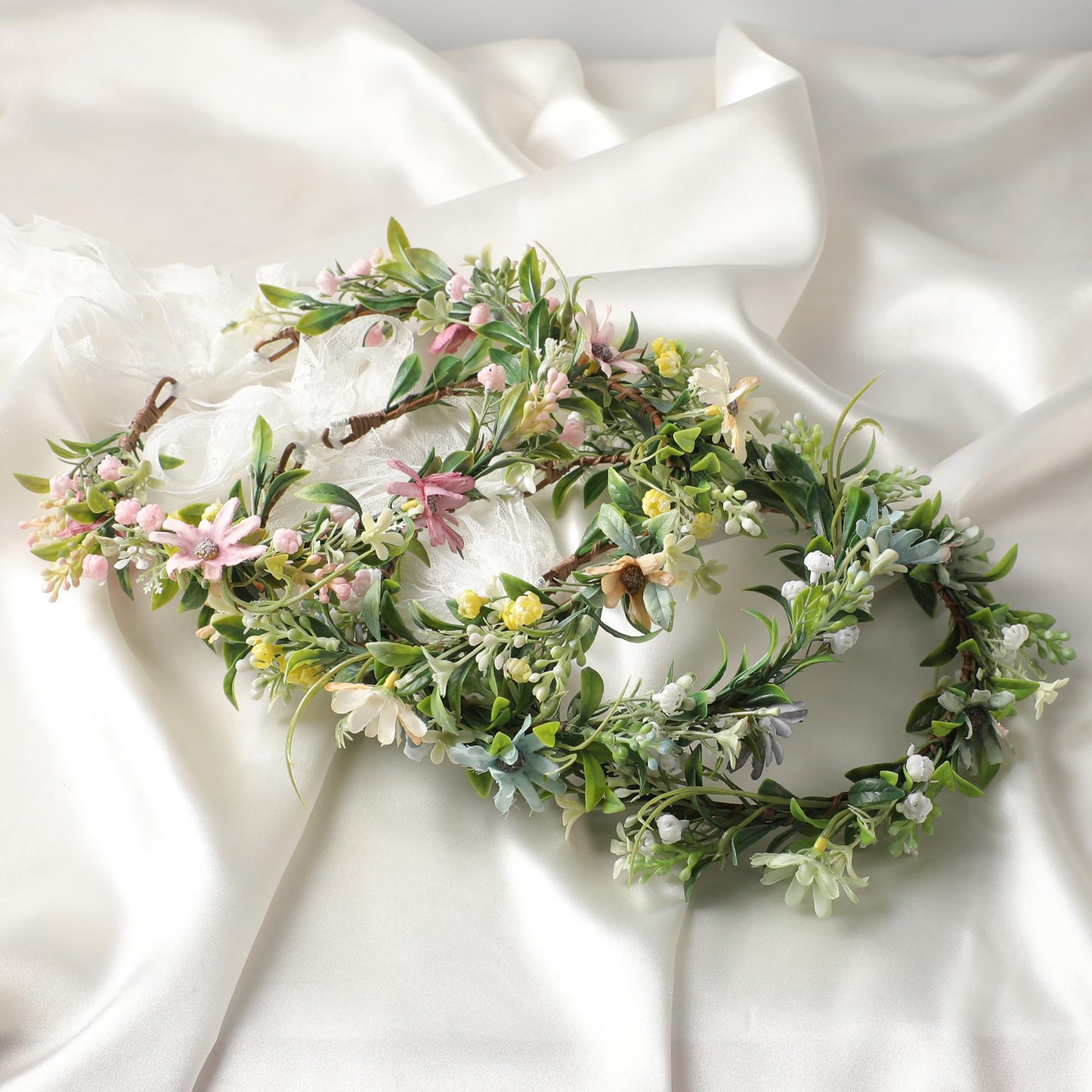 KorViSHOW Pink Flower Crown Headband, Artificial Daisy Flower Headpiece, Adjustable Fairy Floral Headband for Women Girls Renaissance Birthday Bride Wedding Festivals Party Photo Props