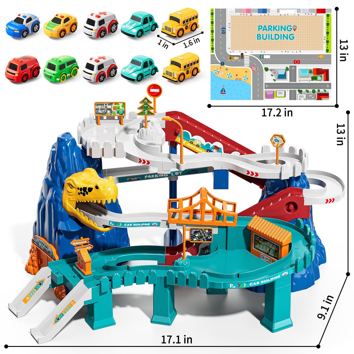 NIPLOOOW Dinosaur Race Track Playset for Boys Kids 3-5, Dinosaur Climbing Hills Car Track Play Set with 10 Mini Racer Cars, Kids Car Ramp Track Toys for 3 4 5 6 7 8 Year Old Boys Girls