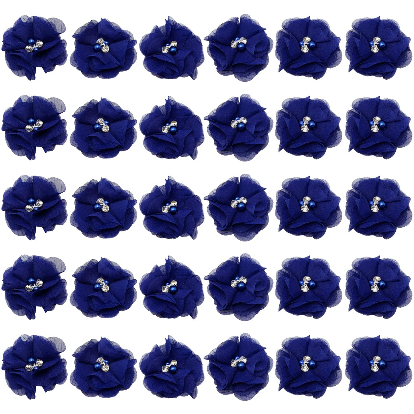 30pcs Rhinestone Chiffon Flower 2" Sewing Fabric Appliques for Clothing Craft Party Wedding Decor Tassel Topper Decoration Gift Wrapping Headbands Hair Accessories DIY (Dark Blue)