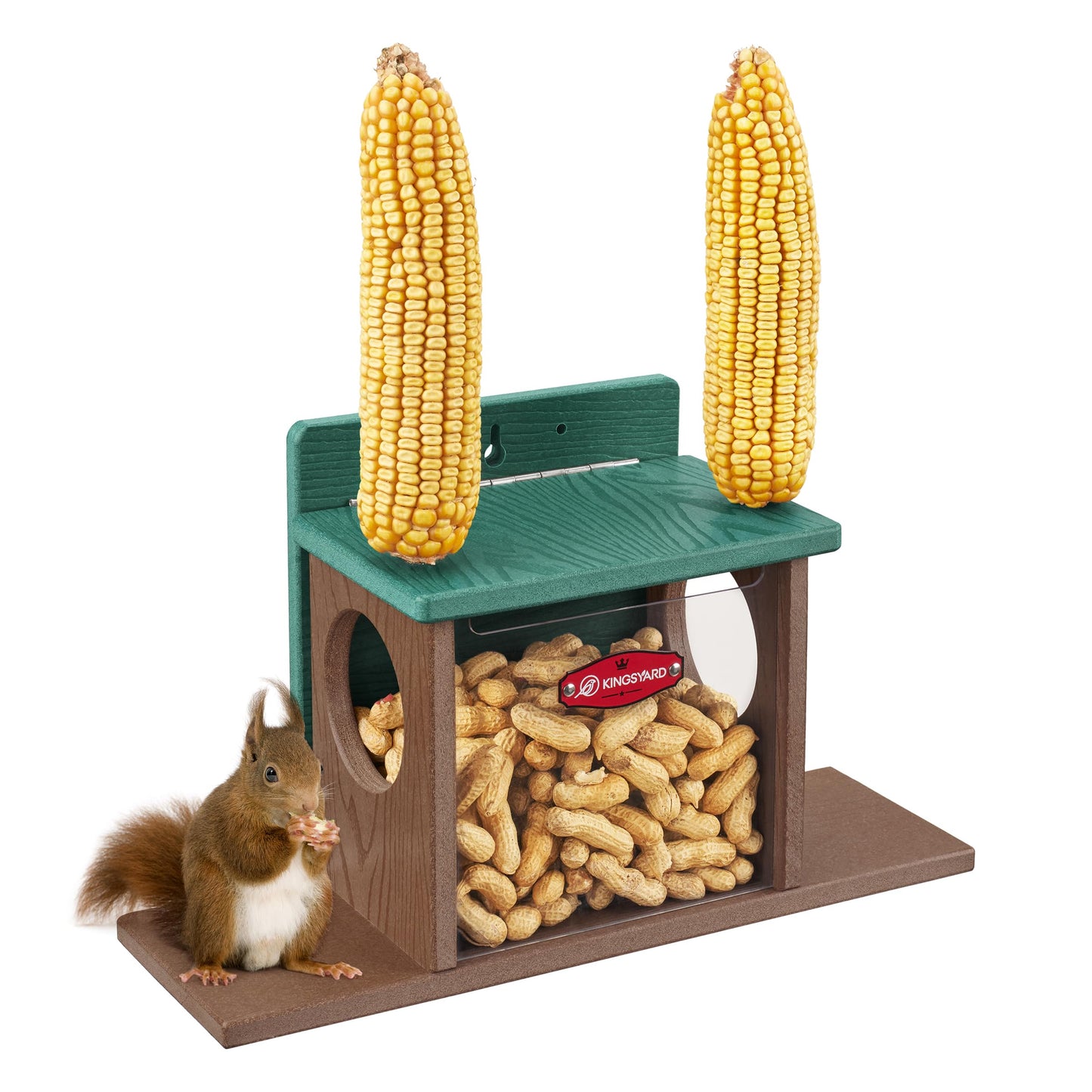 Kingsyard Squirrel Feeder Box for Outside, Recycled Plastic Squirrel Feeder Box with Corn Cob Holders, Easy to Refill & Clean, Weather-Proof Roof (Green)