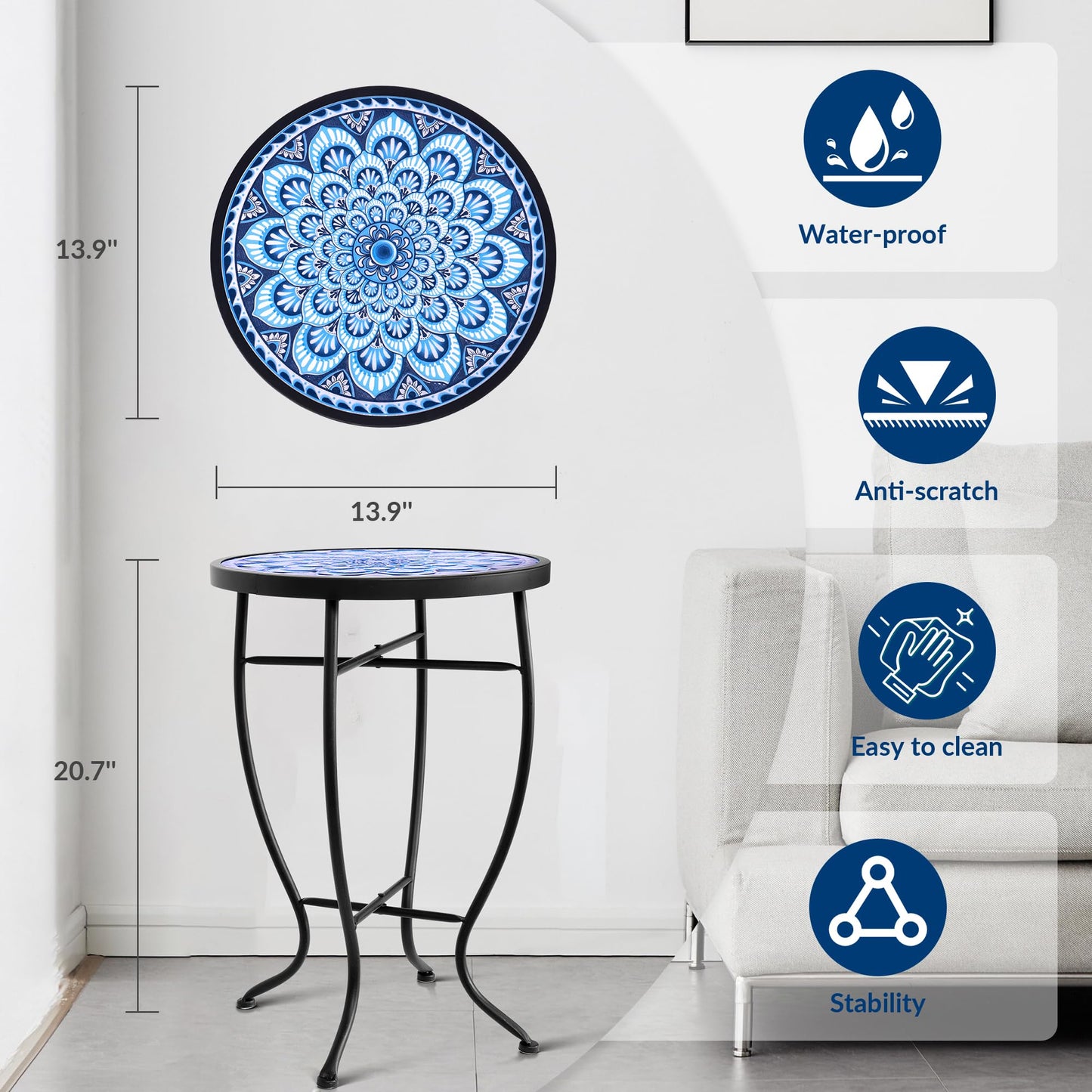 Elevon 14 Inch Round Side Ceramic Tile Top Indoor and Outdoor Accent Table, Greek
