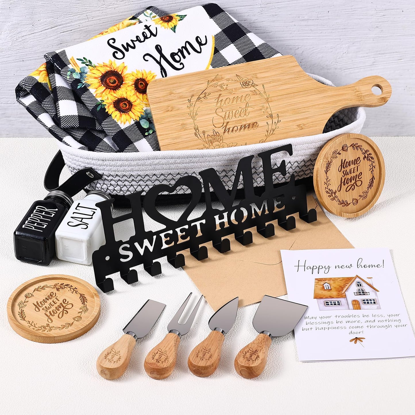 14 Pcs House Warming Gift New Home Gift Basket with Bamboo Serving Board, Dish Towels, Cheese Knife Set, Key Holder for Couples Women Men Clients, Closing Gift for Home Buyers, New Homeowner