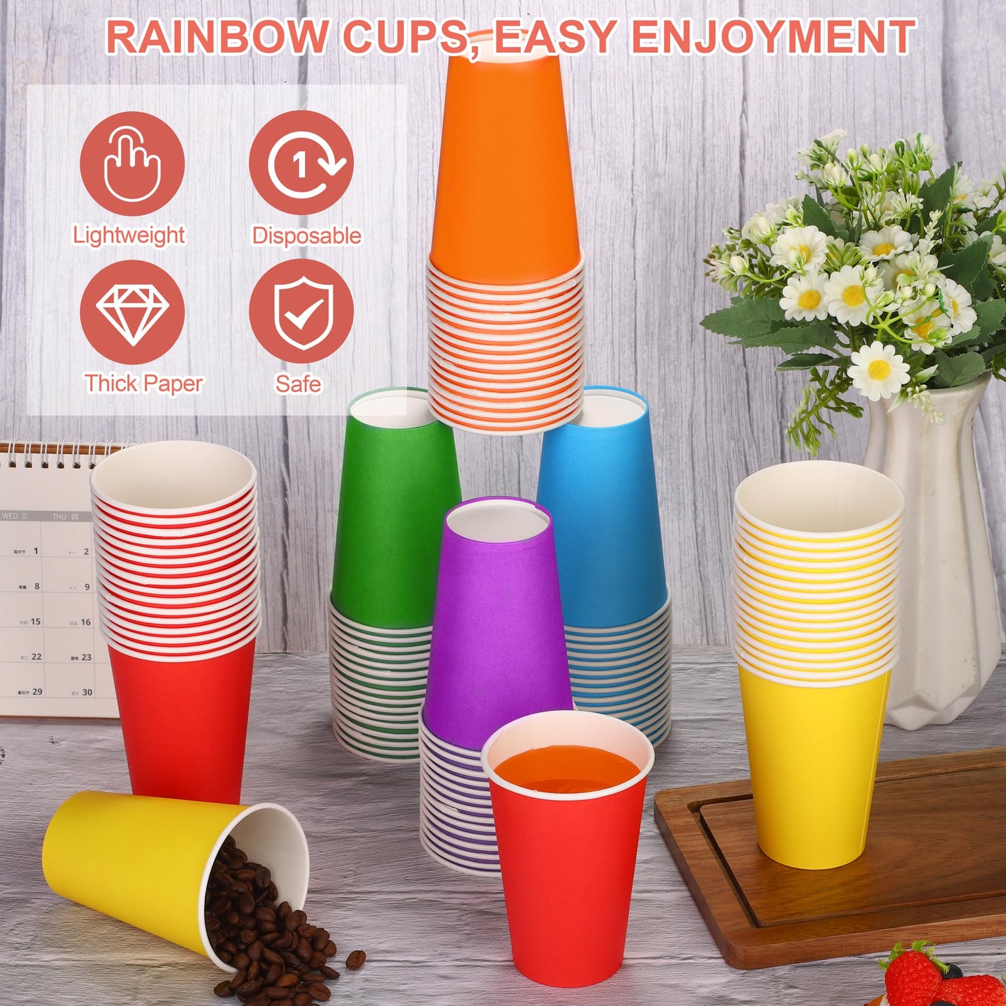 Kochorie 100 Pack 12 Ounce Disposable Rainbow Paper Cups, Colorful Party Cups, Drinking Birthday Cups for Holiday Party Supplies DIY Crafts, 6 Colors