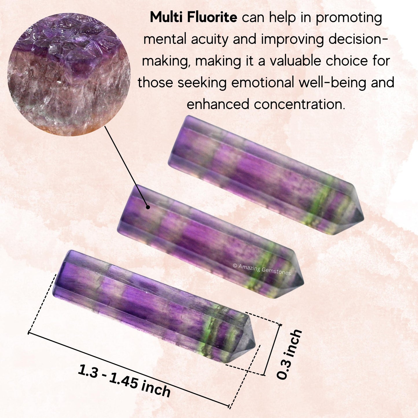 Amazing Gemstone Multi Fluorite Crystal Points Bulk Healing Crystals and Stones - Pack of 3 Single Terminated Healing Wand Point Bulk Crystals for Crafts, Crystal Grid, DIY Work - Premium Crystals