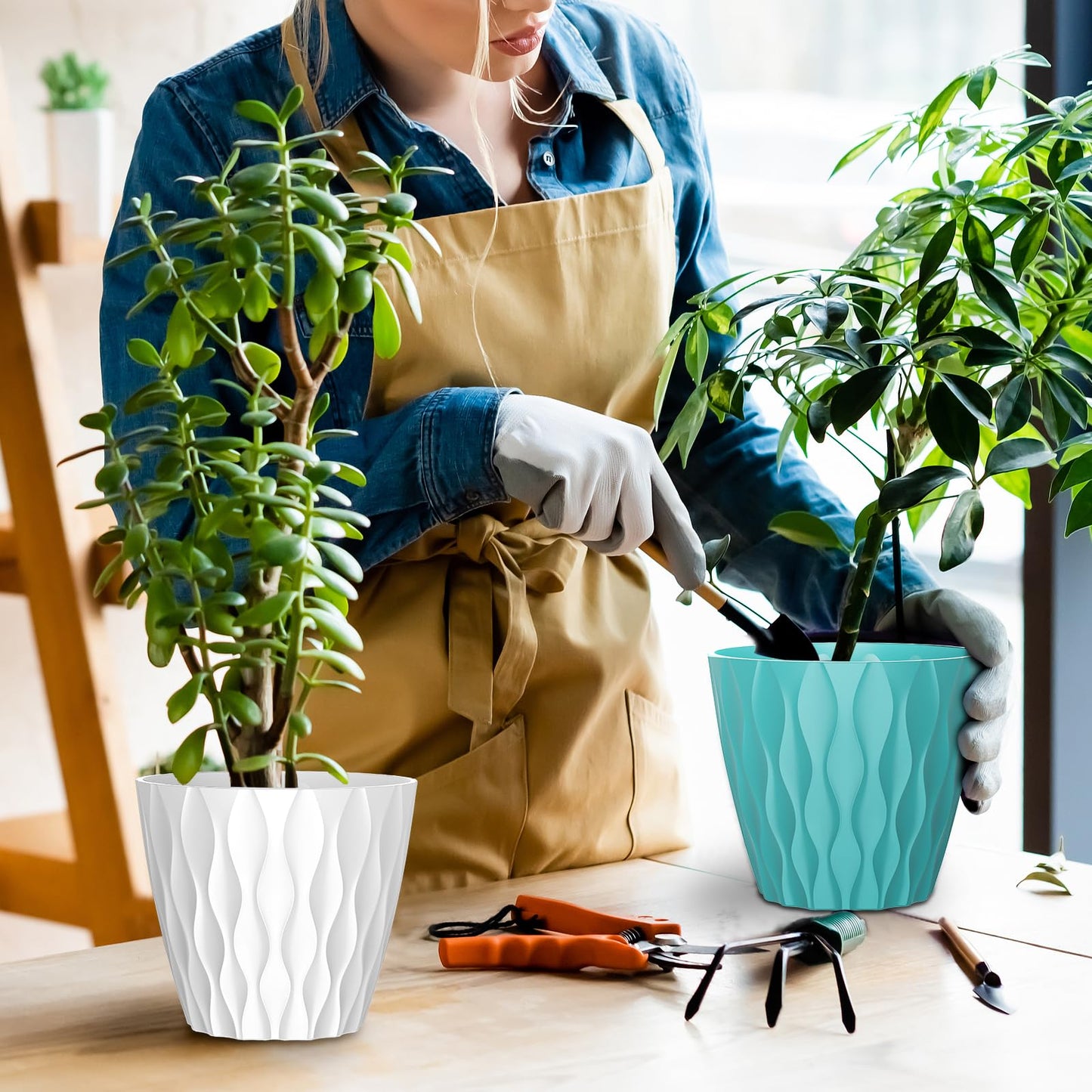 GDJUQZ 6 Pack 7 Inch Indoor Plant Pots with Drainage Holes, Outdoor Plastic Decorative Flower Pots, Garden Planters with Tray Saucers for Orchids, Violets, Succulents, Herbs, and Other Plants