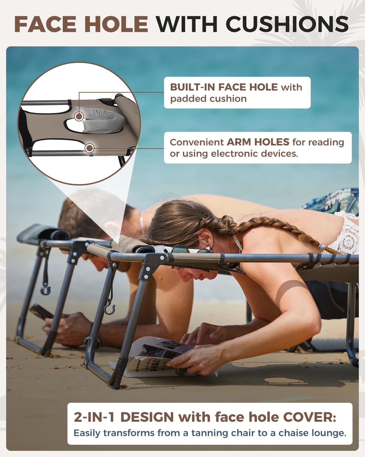 KingCamp Tanning Chair with Face Hole, Lounge Chairs Outdoor Folding Comfy Adjustable 5-Position Lay Flat Foldable Chaise Chaser Lounger for Outside Beach Patio Sun Bathing Pool, Beige