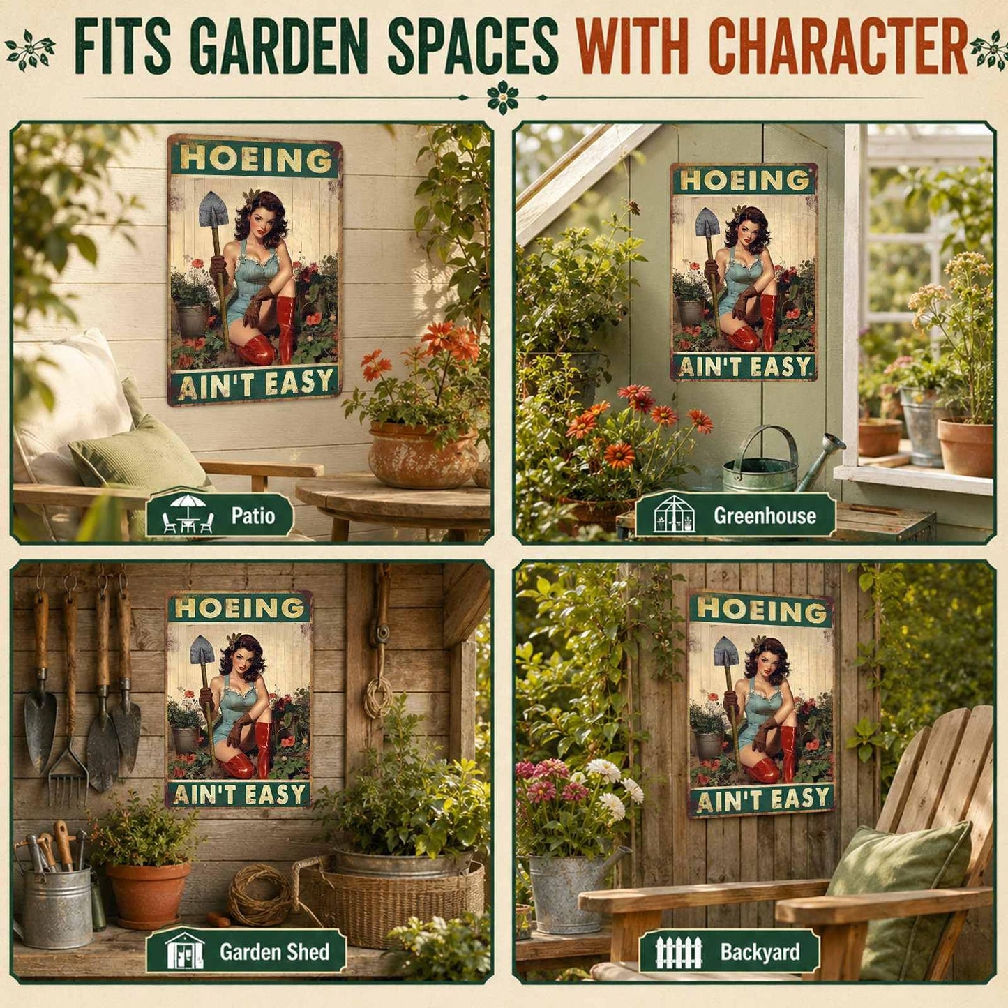 PEACHGARDEN Garden Signs Yard Art Hoeing Ain't Easy Funny Garden Aluminum Metal Sign for Outside Patio Backyard Greenhouse Decor, 8x12 Inch