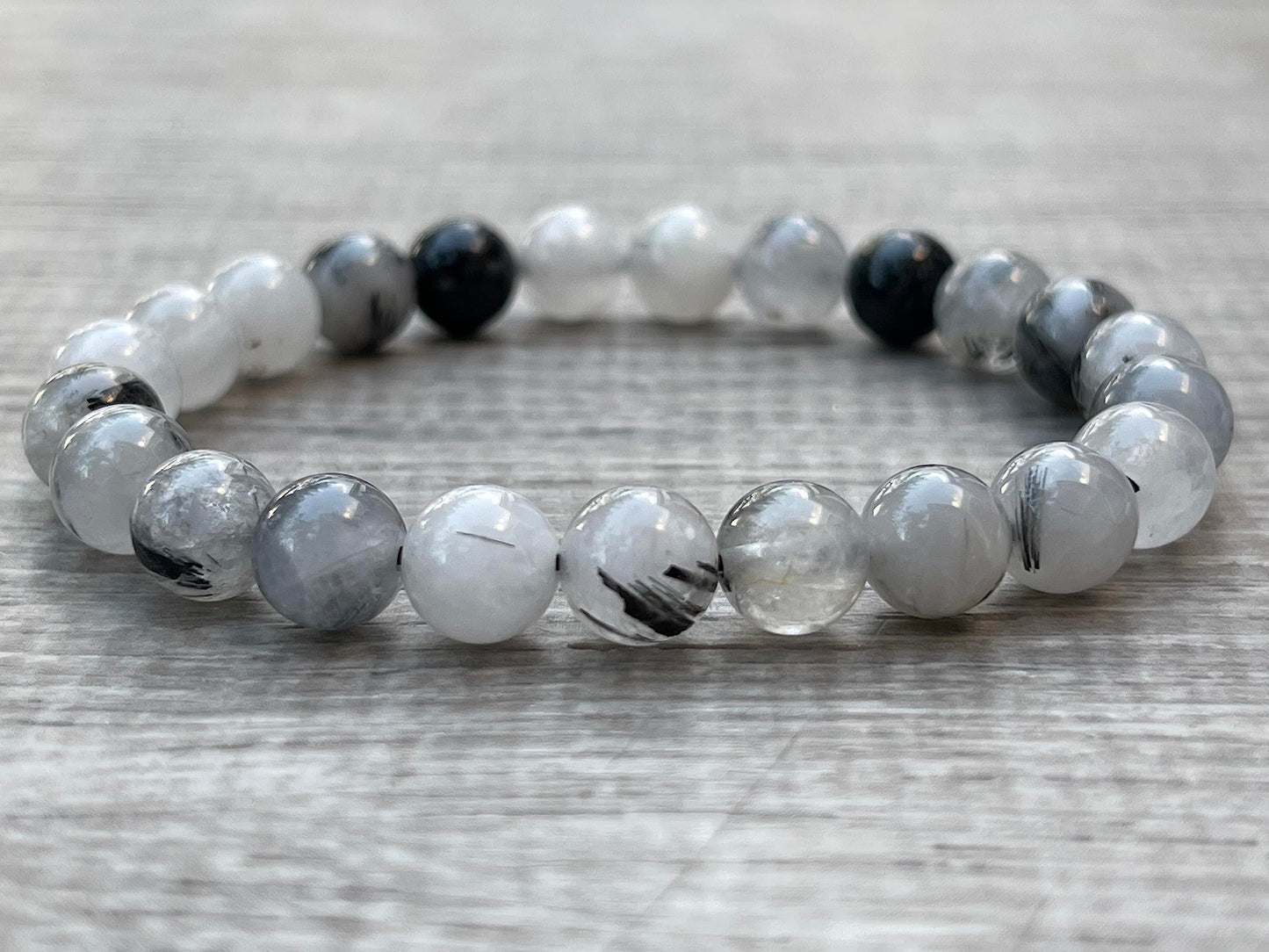 GAF TREASURES Black Rutilated Quartz Crystal Bead Bracelet 8mm, Genuine Black Rutilated Quartz Stretch Gemstone Bracelet, Healing Crystal Bracelet, Gift for Men & Women (1)