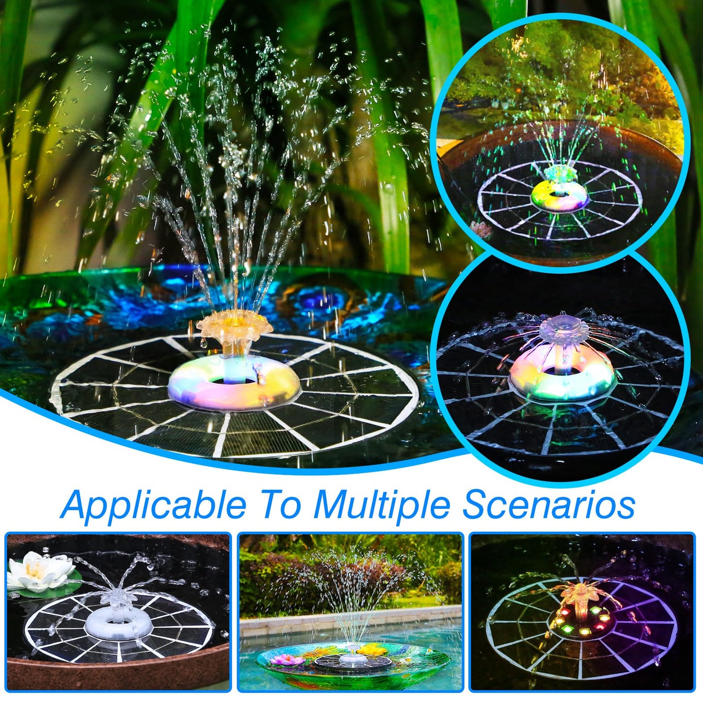AISITIN 4W Solar Fountain with Lights, Chargeable Solar Bird Bath Fountains Built-in 2200mAh Battery, 2026 Upgrade Glass Panel Solar Water Pump for Bird Bath, Garden, Pond, Pool, Fish Tank, Aquarium