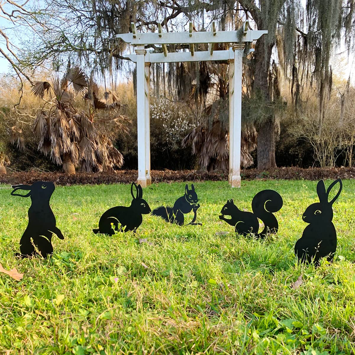 RealSteel Metal Garden Animal Sculptures & Statues – Bunny & Squirrel Yard Art Stake Pack – Outdoor Lawn & Flowerbed Decor – Weather-Resistant Steel Garden Decorations – Gift for Gardeners – Black