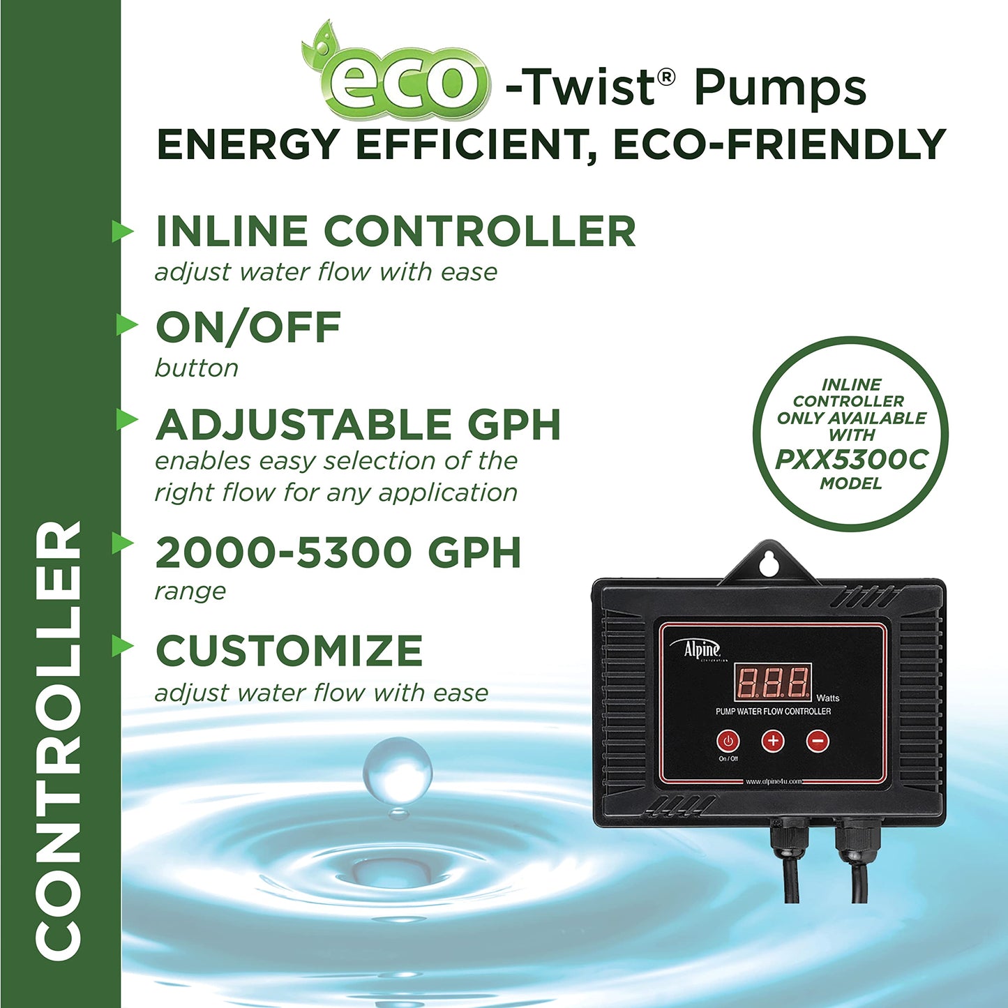 Alpine Corporation Eco-Twist Energy-Saving 5300GPH Pond Pump with Controller and 33-ft. Cord