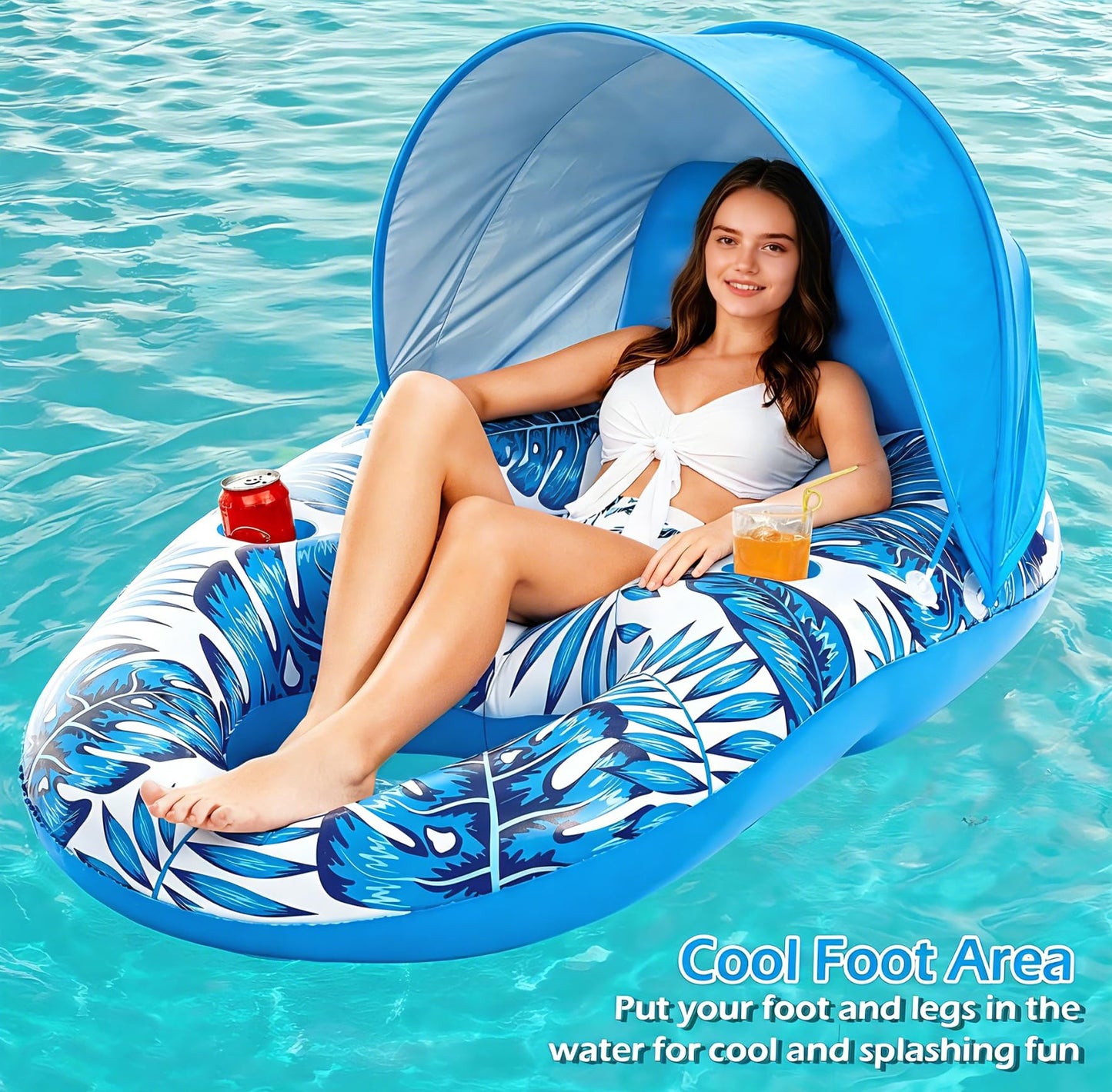 Jasonwell Pool Float with Canopy - Inflatable Pool Floaties Adult Lounger Floats Raft Floating Chair with Cup Holders for Swimming Pool Lake Water Lounge Float Beach Pool Party Toys for Adults (Blue)