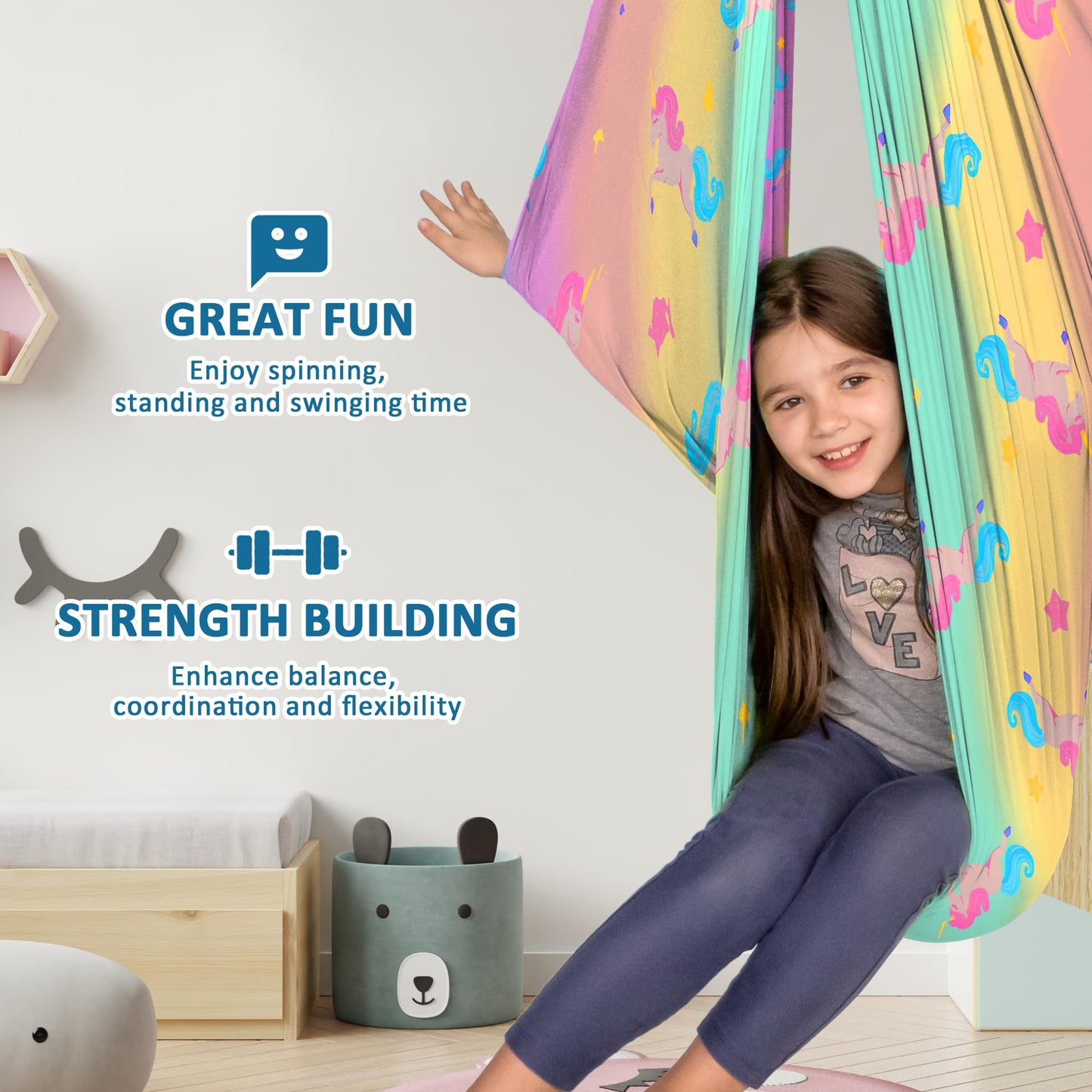 OUTREE Sensory Swing for Kids, Double Layer Therapy Hammock, Indoor Swing with 360° Swivel Hanger Kit and Adjustable Straps, Autism Sensory Product for Autism, ADHD (Unicorn Printed)