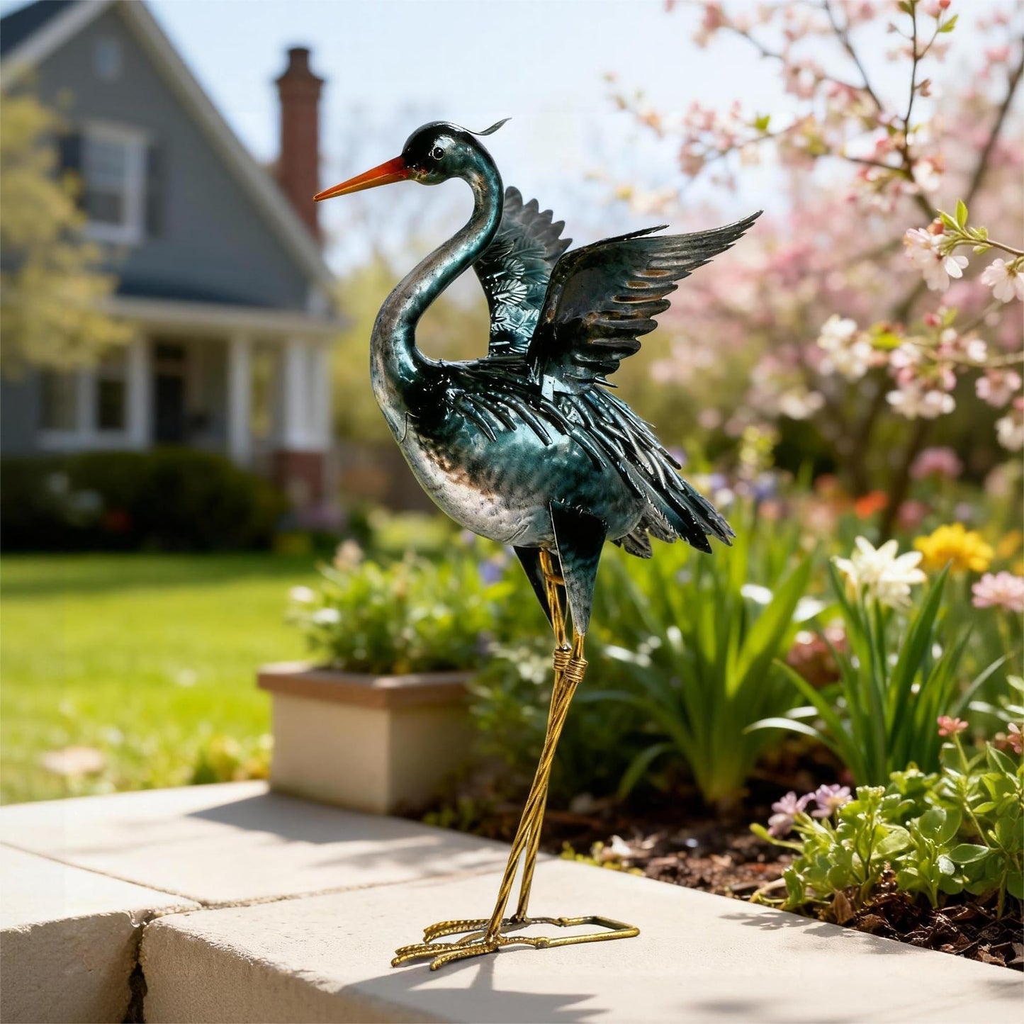 chisheen Crane Garden Statue Sculpture, Metal Heron Outdoor Decor, Yard Art Bird Decoy for Backyard Pond Patio Porch Lawn Decorations