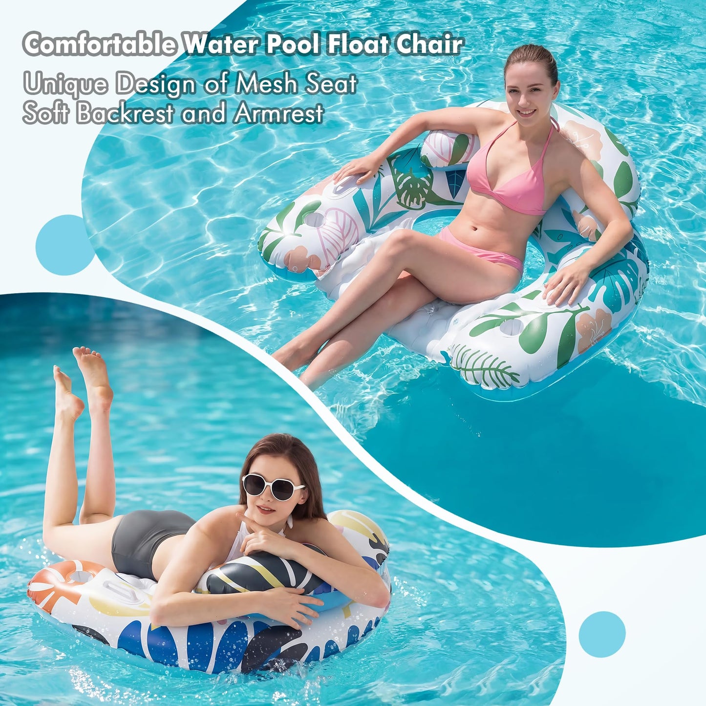 2 Pack Pool Floats Adult, OKSUWATER Pool Floaties with Two Cup Holders & Handles, Inflatable Pool Floats Chairs, Lake Floats Applies to Swimming Pool Party Summer Lake Water Fun-Multicolor