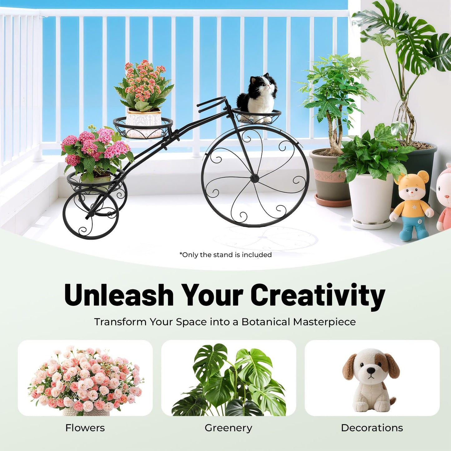 APOUDM 3 Tier Metal Bicycle Planter Large Bike Shaped Flower Stand 82x24x51cm Metal Plant Stand Freestanding Multi-Tier Plant Rack Flower Display Stand Cart for Living Room Balcony Patio (Black)