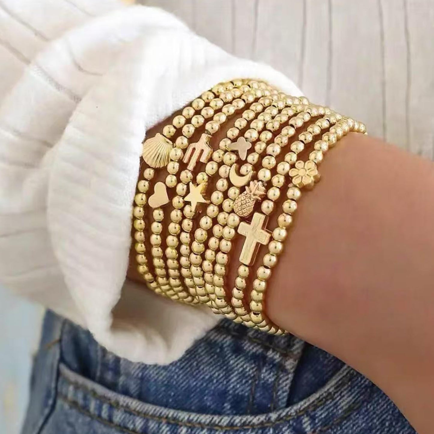 Harry and Henry Gold Beaded Bracelets for Women Non Tarnish Dainty Pearl Beaded Bracelet Cross Stack Stretch Bracelets for Women Trendy Gifts 2025 Easter Basket Stuffers