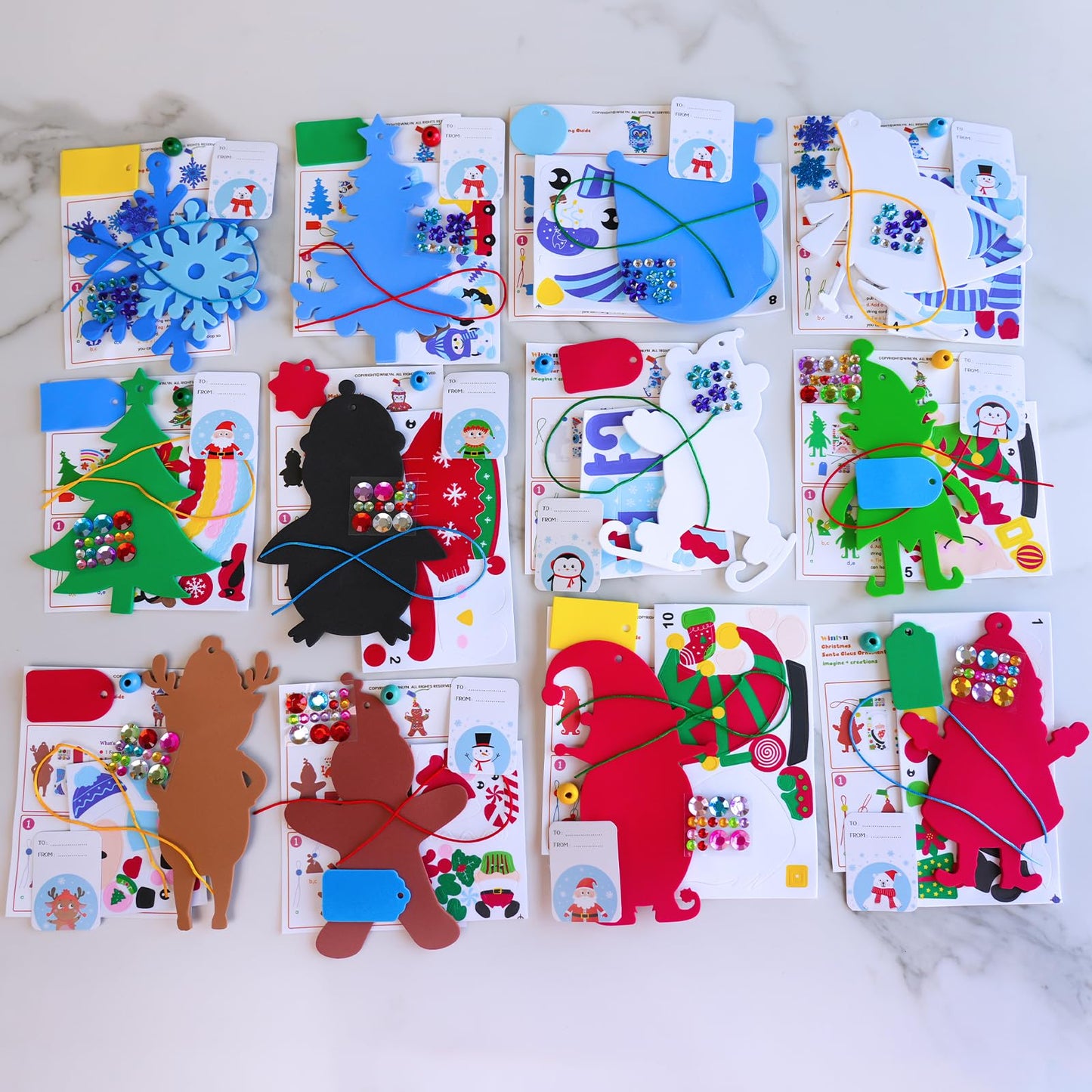 Winlyn 24 Sets Holiday Decorations DIY Christmas Tree Ornaments Winter Crafts Kits Foam Snowflake Penguin Snowman Foam Stickers for Kids Holiday Seasonal Gift Home Classroom Activities Party Favors