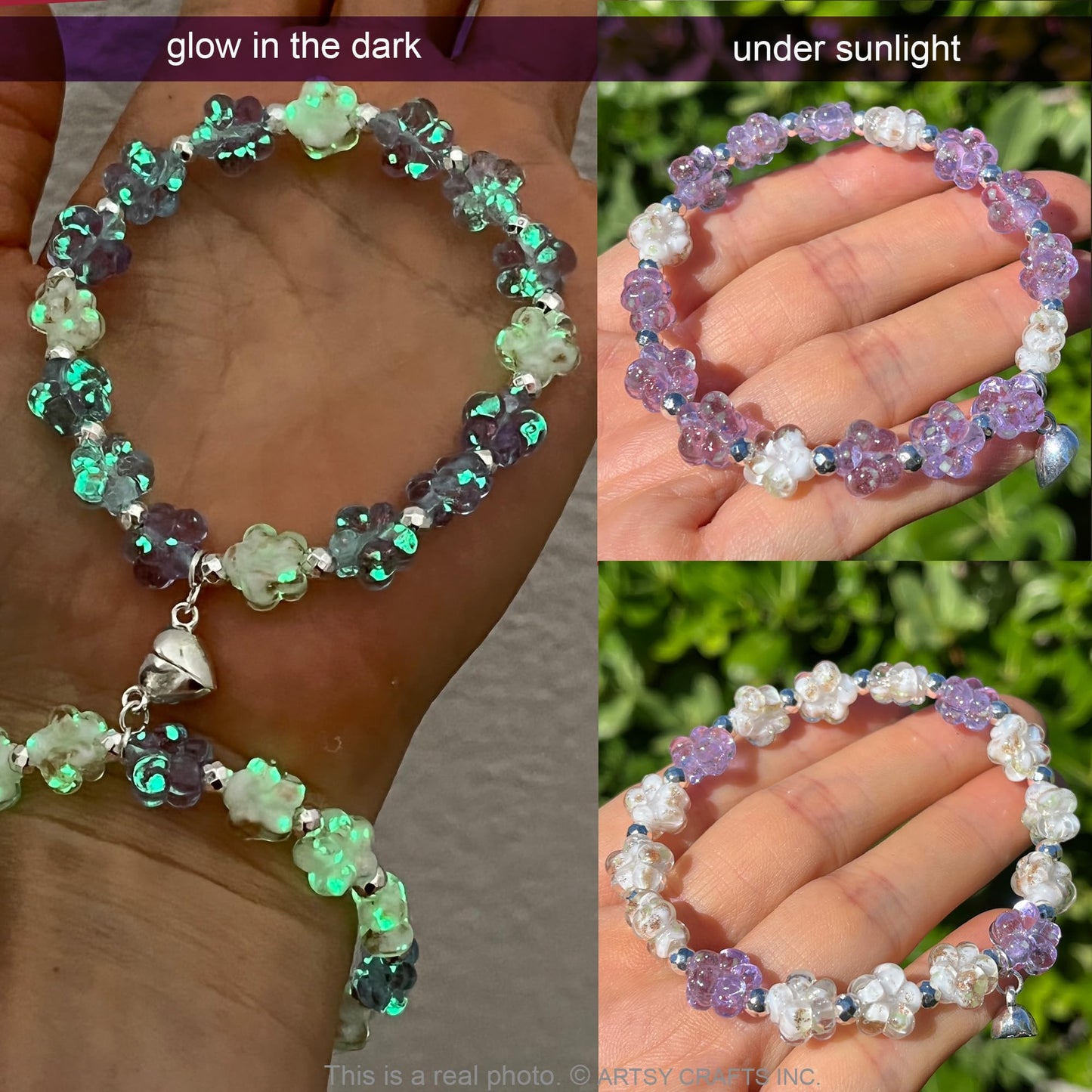 ARTSY Crafts Glow in the Dark Firefly Beads Bracelet, Unique Inspirational Bracelets with Meaning, Mermaid Crystal Healing Chakra Birthday Gifts (White+Lavender 6-7")