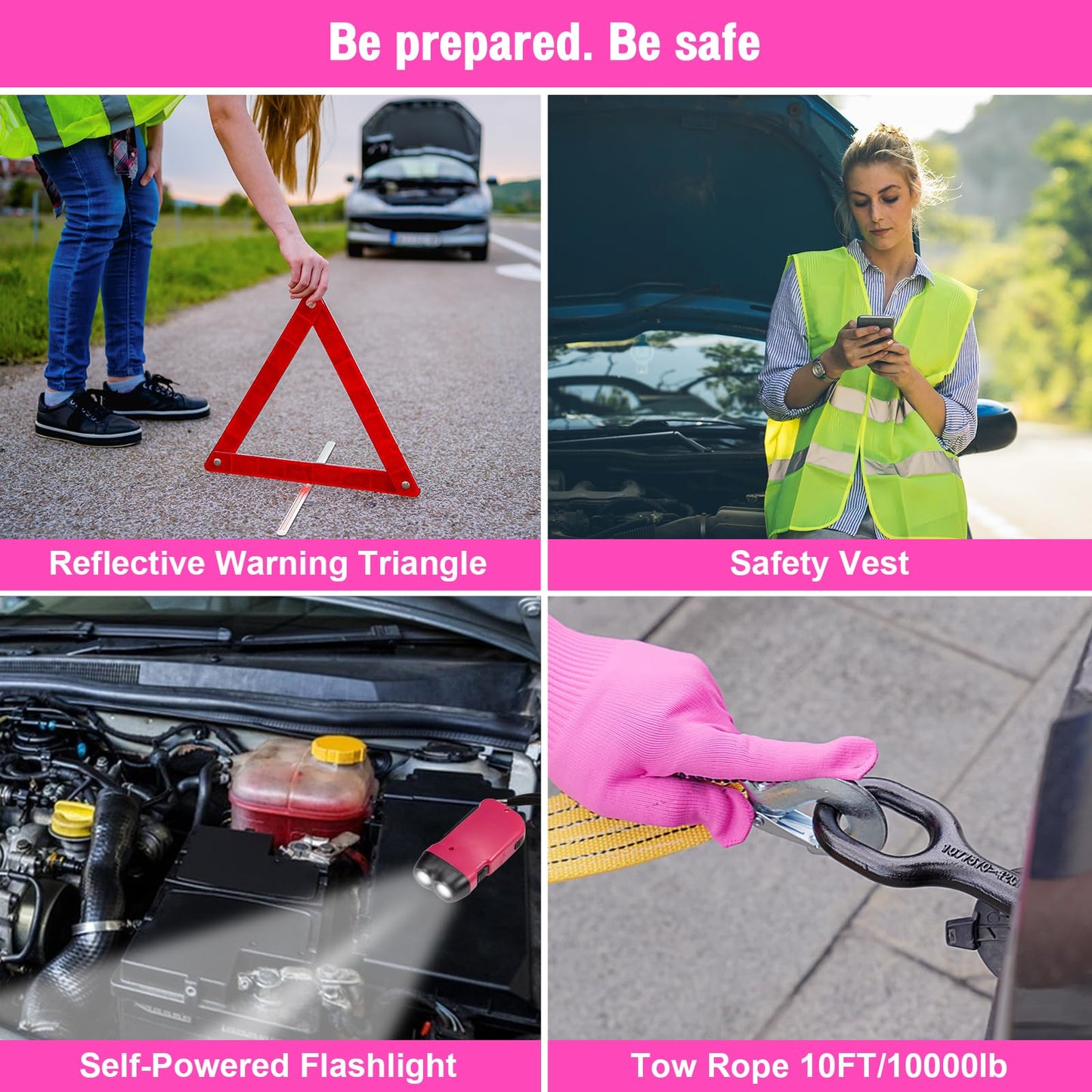 vioview Roadside Emergency Car kit for Vehicles, with 4 in 1 Inflatable Car Vacuum Cleaner, Pink Jumper Cables, First Aid Kit, Tow Rope, Vehicle Road Trip Must Haves Pink Accessories for Women