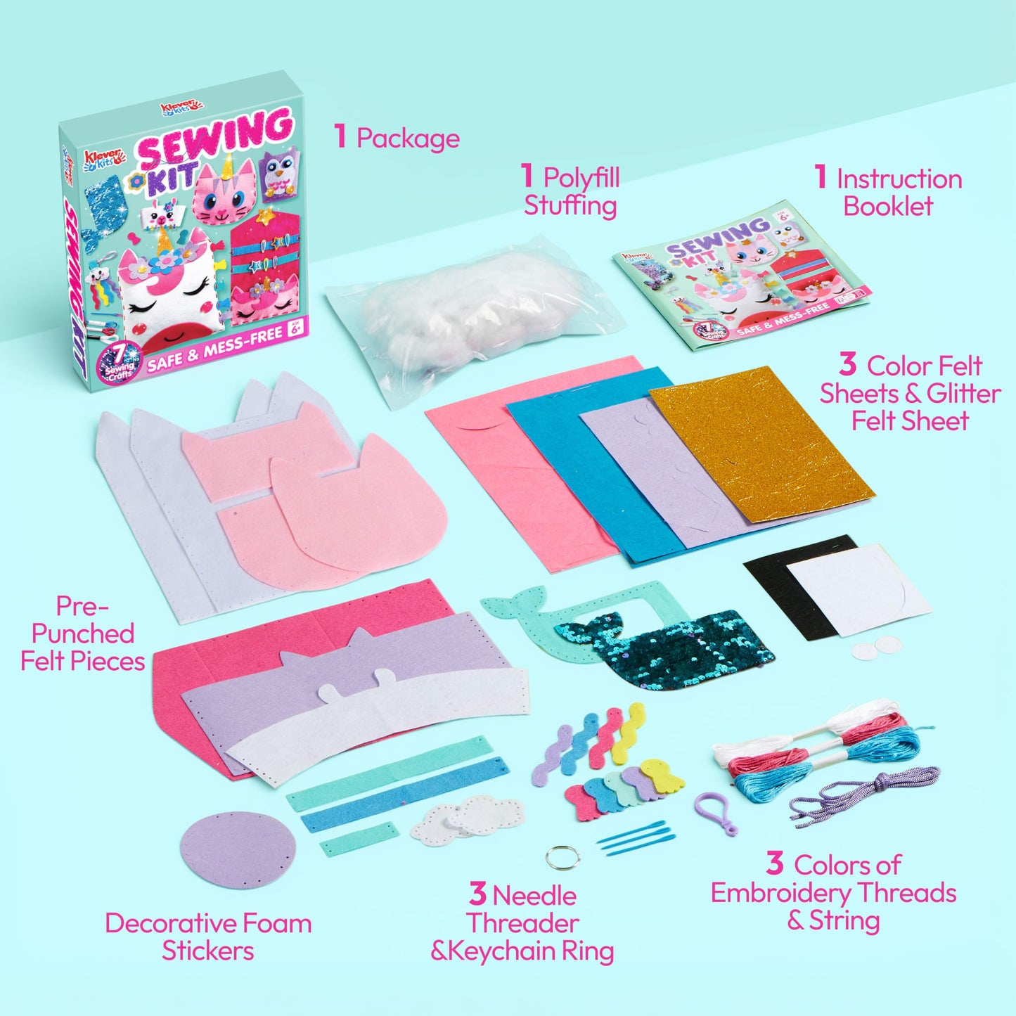 Klever Kits 7 Sewing Projects- My First Kids Sewing Kit- Easy DIY Arts and Crafts for Girls, Craft Kits, Birthday Gifts for Kids Aged 6+, Unicorn and Mermaid Pillow
