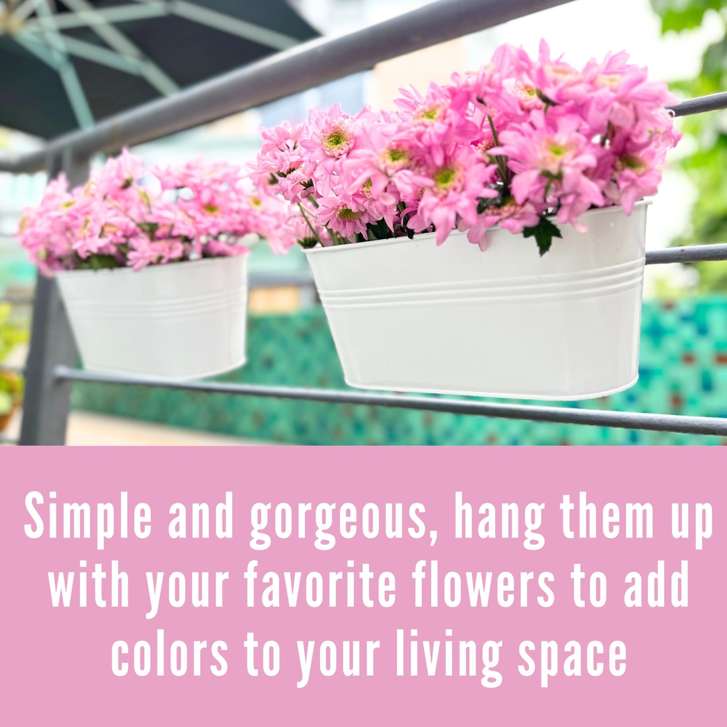 LaLaGreen Outdoor Rail Planter (8 Pack, 9.8 Inch) Small and Cute White Metal Iron Hanging Flower Pots Deck Railings Fence Buckets Countryside Style Wall Mount Window Box Plant Holder Hooks Porch Decor