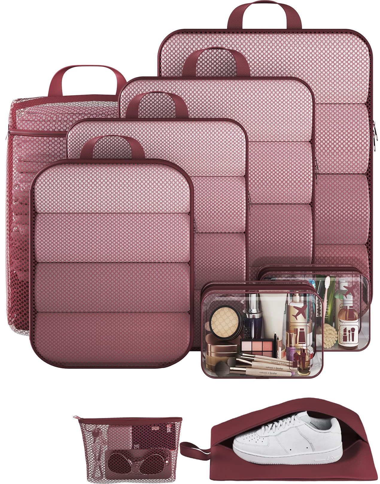 Veken 9/11 Set Compression Packing Cubes for Travel Essentials,Compressible Expandable Large Luggage Suitcase Organizer Bags for Clothing,Durable Space Saver Storage Bags with Toiletry Bags(Wine Red)