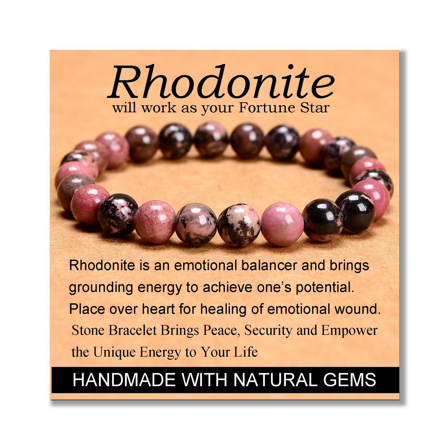 MASSIVE BEADS Pink Black Rhodonite - Stone of Fortune - Handmade Yoga Stretch Elastic Bracelet Natural Stone Crystal Healing Power Energy Gifts for Unisex Adult 8mm