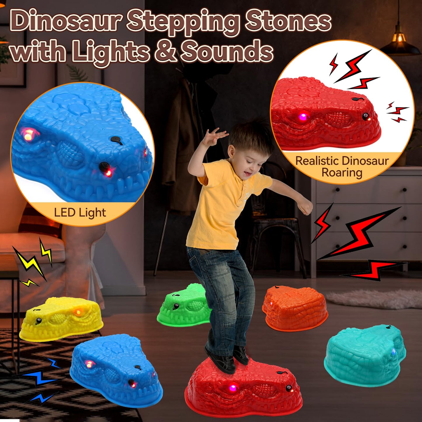FIIOEOY 6 Pcs Dinosaur Stepping Stones for Kids, Light up Mist Spray & Roaring Non-Slip Balance Stepping Stones with 6 Rechargeable Batteries, Indoor & Outdoor Toys for Toddlers Ages 3-5