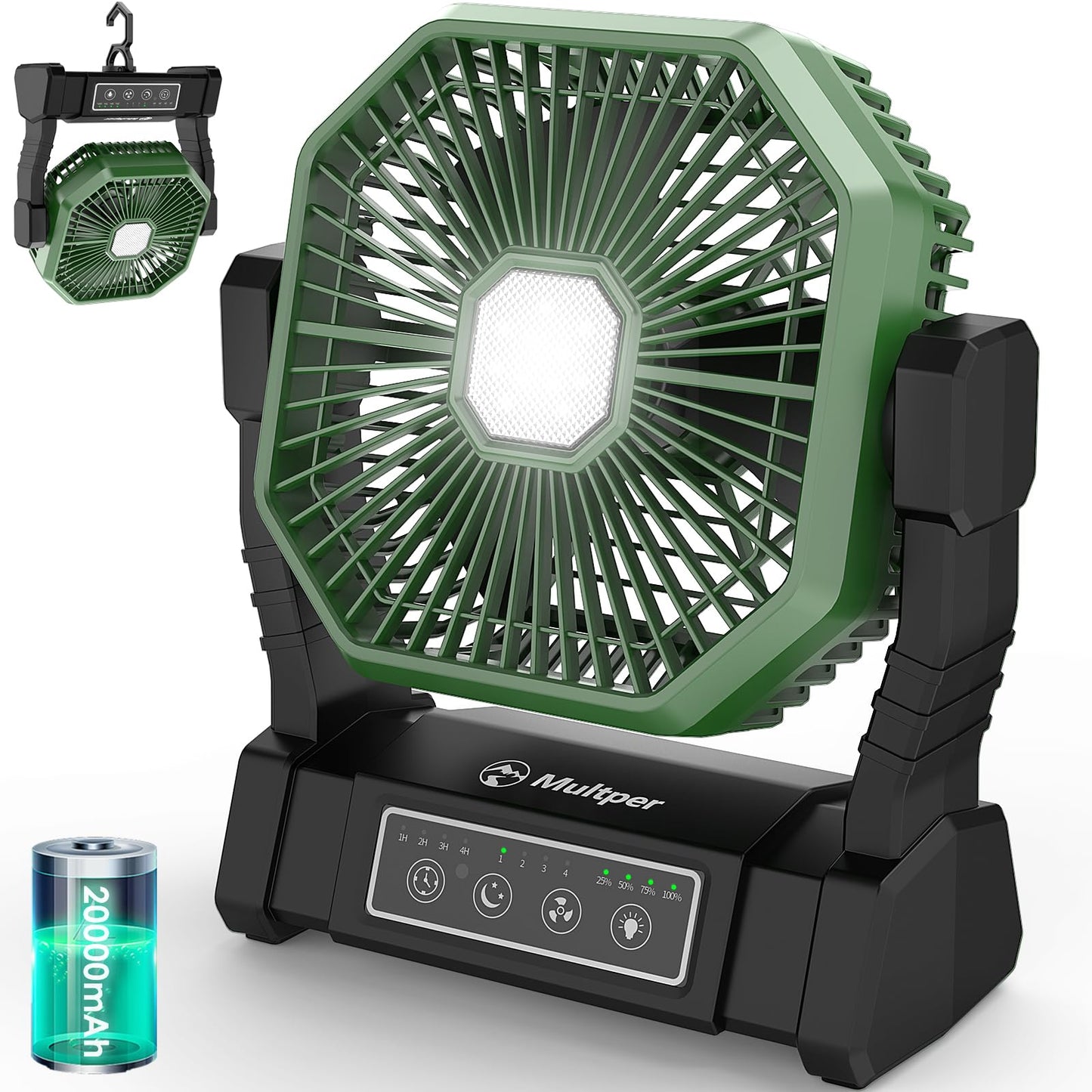 Multper Portable Fan, 20000mAh Camping Fan with LED Lantern & Remote, 4 Speed & 4 Timing Rechargeable Fan for Tent Travel Camping Picnic Beach BBQ