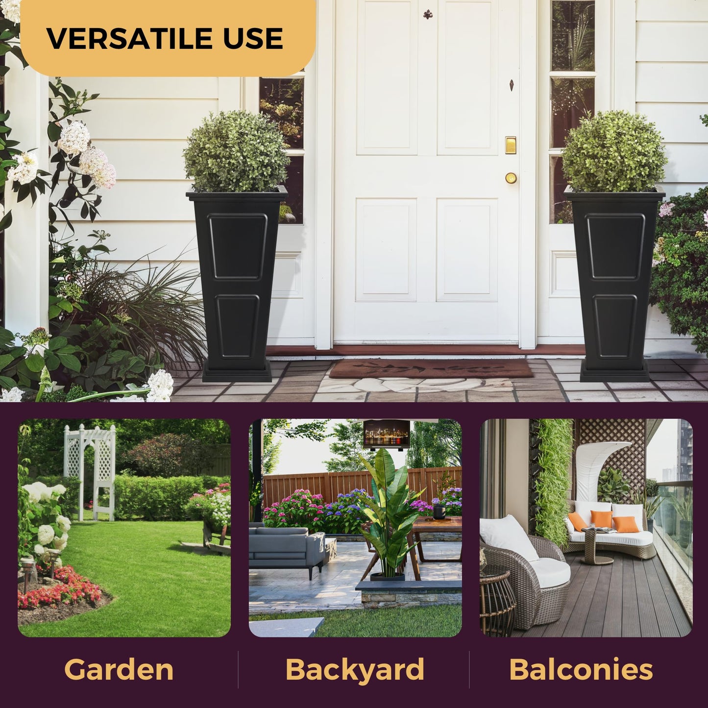 26" Tall Metallic Planter Set of 2, Black Taper Planters with Removable Partition Drainage Holes, Large Outdoor Planter for Front Porch, Garden, Patio, Balcony, Classic Estate Design, All-Weather Use