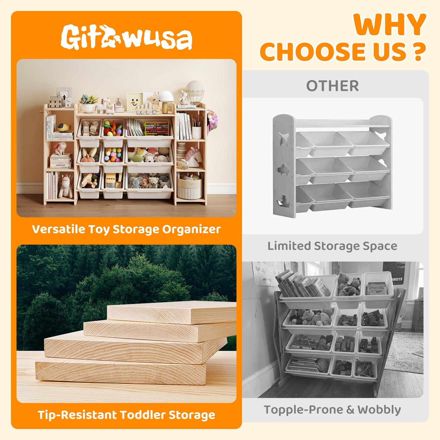 GITAWUSA Toy Storage Organizer, Kids Bookshelf with 6 Shelves, 9 Toy Bins & 6 Hooks | Toy Shelf, Storage Bin Unit, Toy Organization for Playroom, Nursery, Bedroom, Toddler Room | Wood & White