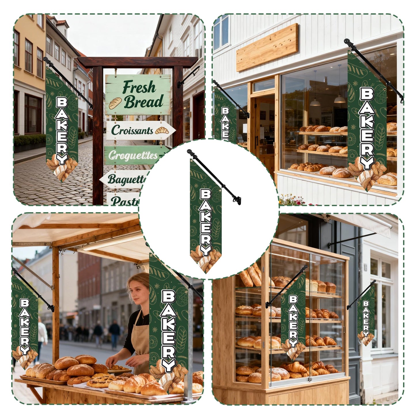 Farm Stand Bakery Flag with Pole Kit – 42x12 Inch Double-Sided Heavy Duty Canvas Banner for Outdoor Cake Shop, Business Sign, Storefront Advertising Decoration(Green)