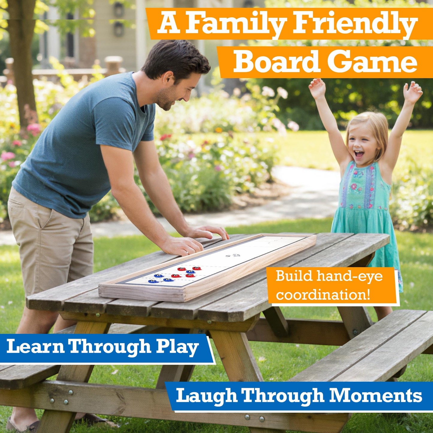 Sterling Games Tabletop Shuffleboard, Bowling and Curling 3 in 1 Combo Game Set, Two Sided Wooden Arcade Game Board with Pucks and Bowling Pins, a Table Top Game for Kids and Family